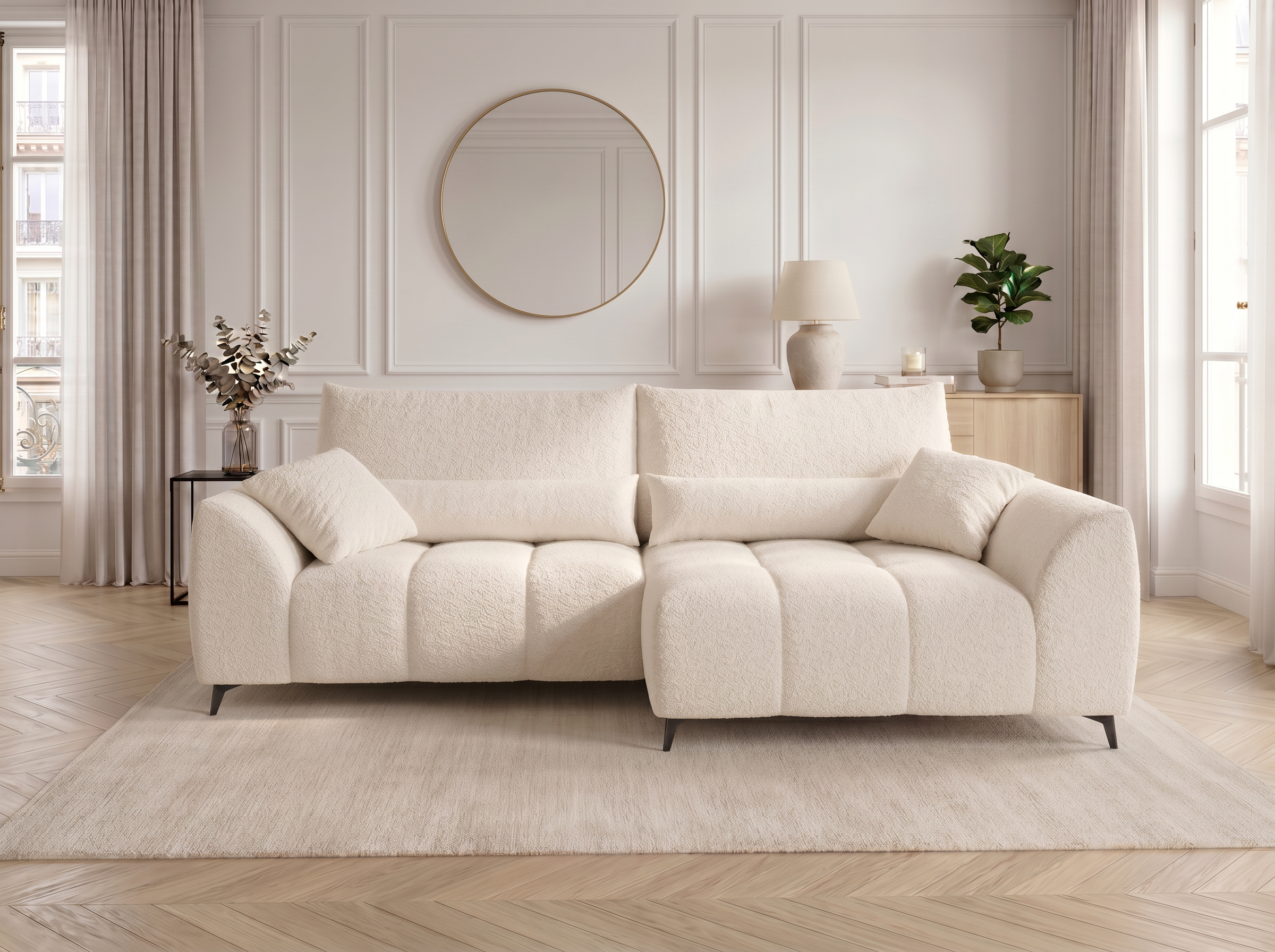 Canapé d'angle convertible BATIGNOLLES bouclé beige avec coffre de rangement - vue 6