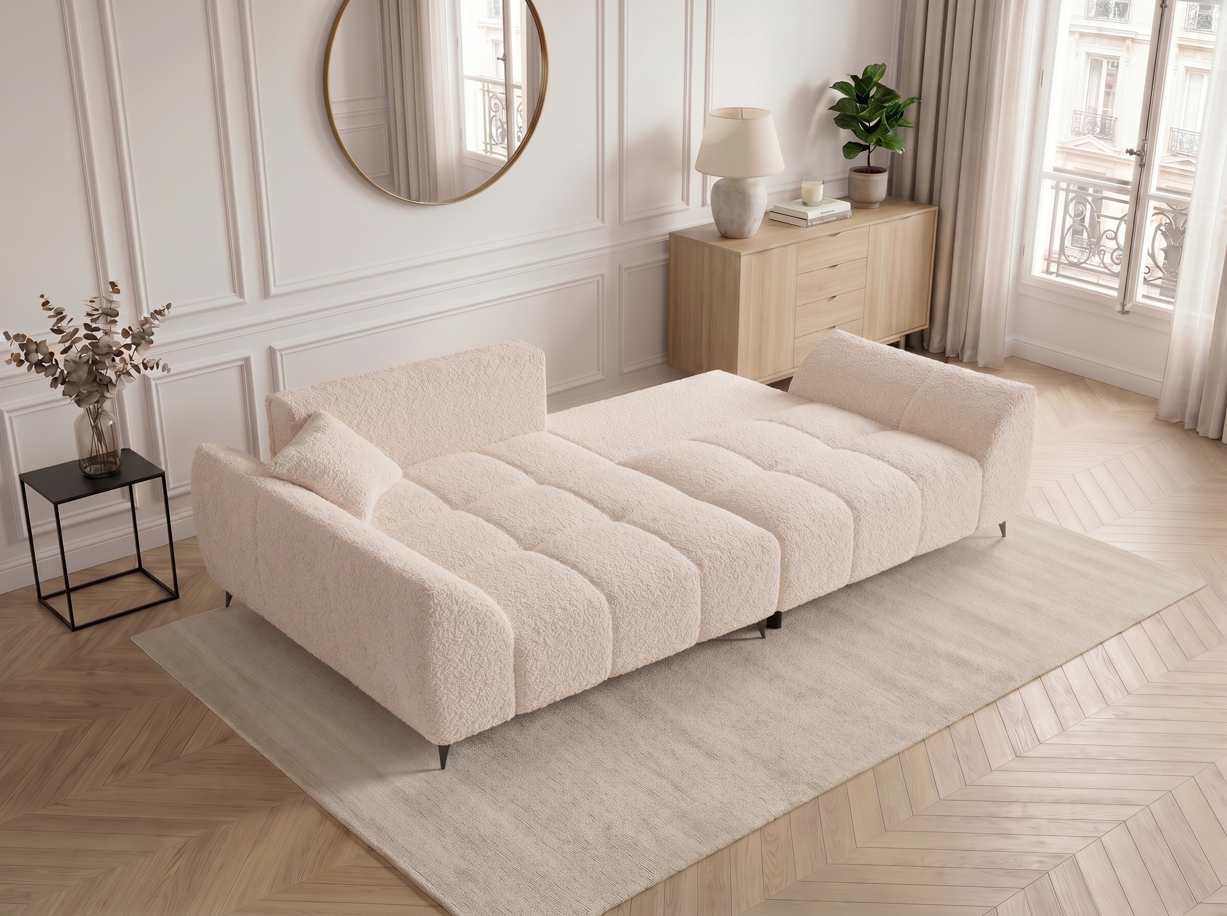 Canapé d'angle convertible BATIGNOLLES bouclé beige avec coffre de rangement - vue 7