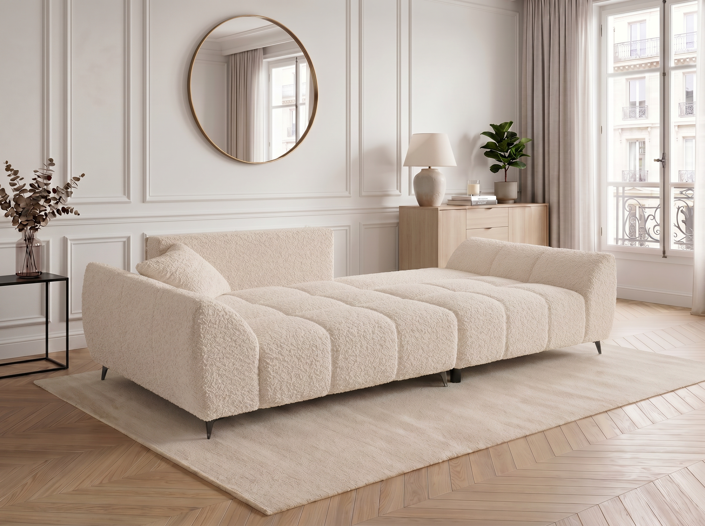 Canapé d'angle convertible BATIGNOLLES bouclé beige avec coffre de rangement - vue 9