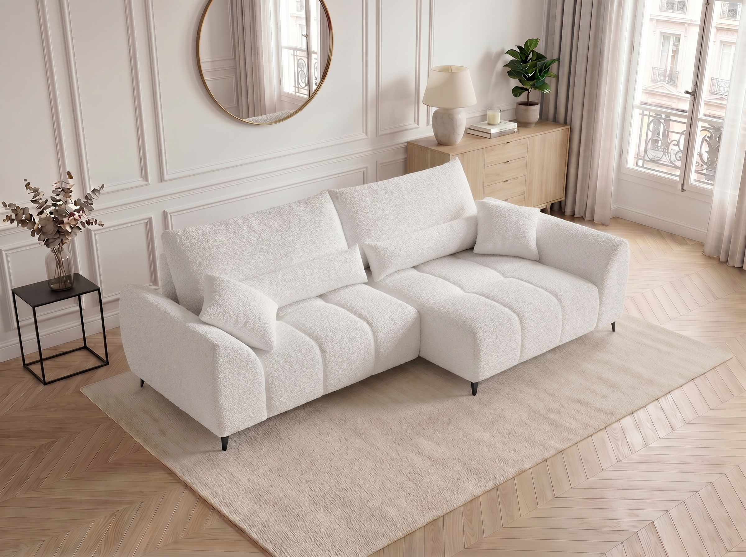 Canapé d'angle convertible BATIGNOLLES bouclé blanc avec coffre de rangement - vue 7