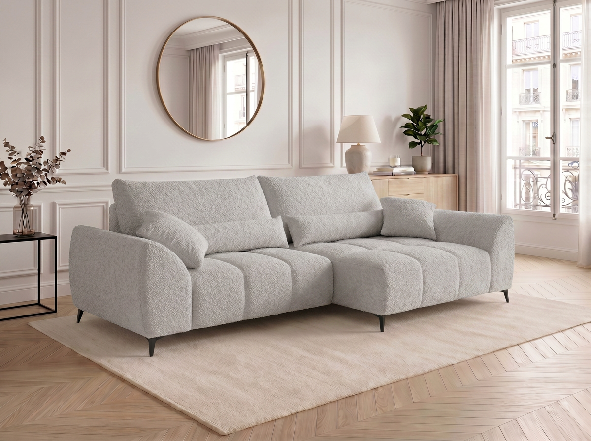 Canapé d'angle convertible BATIGNOLLES bouclé gris clair avec coffre de rangement - vue 2
