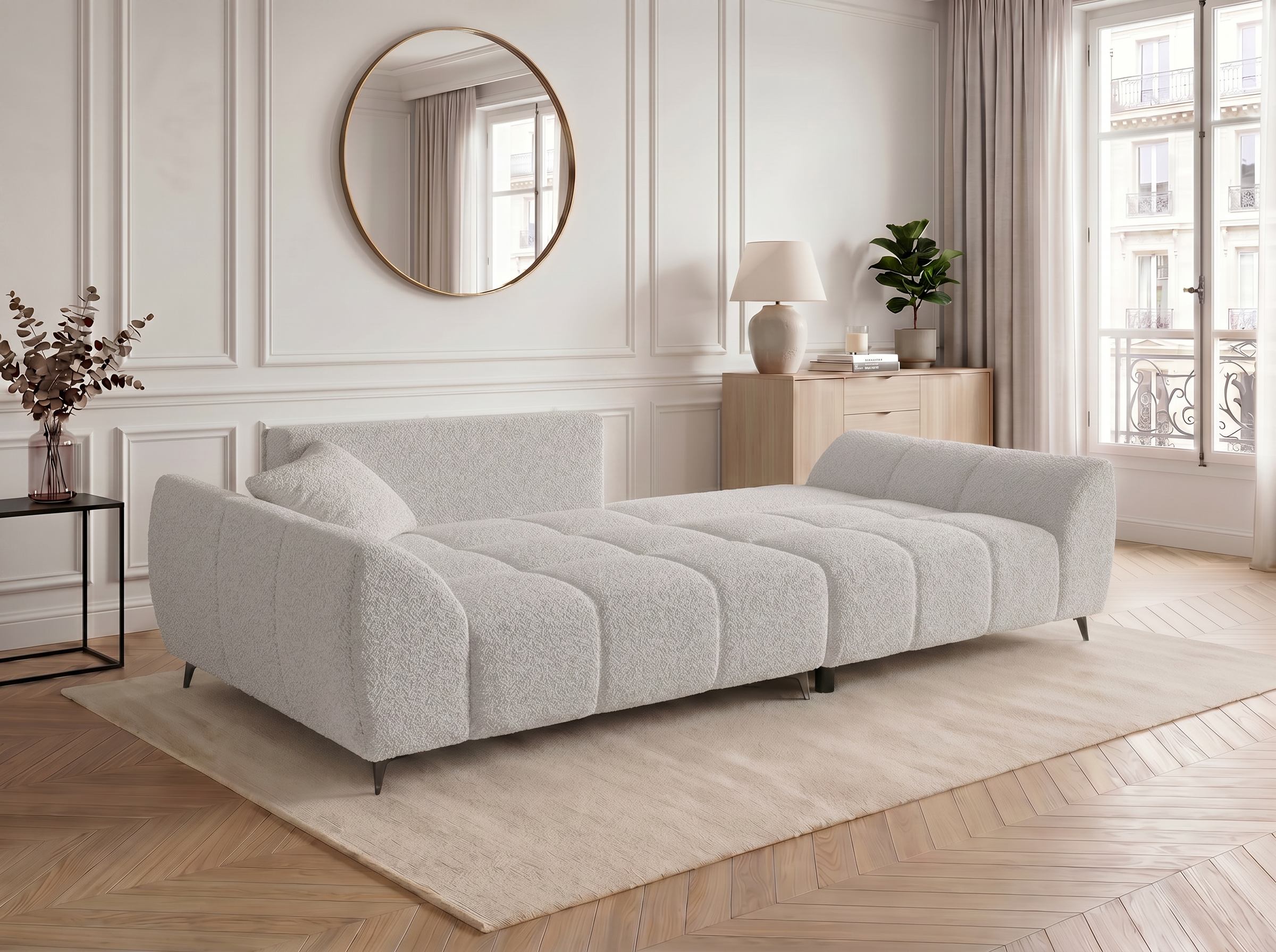 Canapé d'angle convertible BATIGNOLLES bouclé gris clair avec coffre de rangement - vue 5