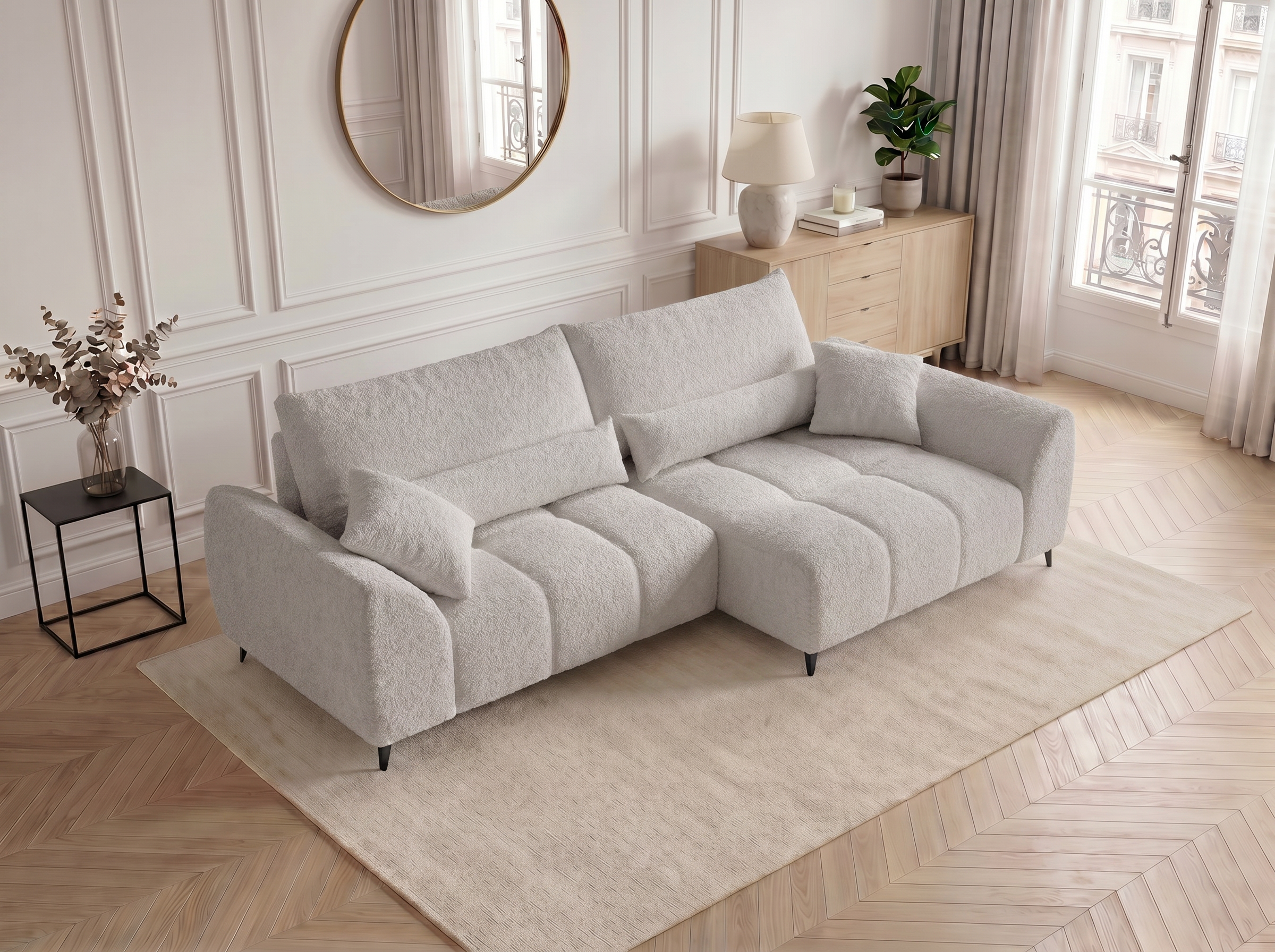 Canapé d'angle convertible BATIGNOLLES bouclé gris clair avec coffre de rangement - vue 8