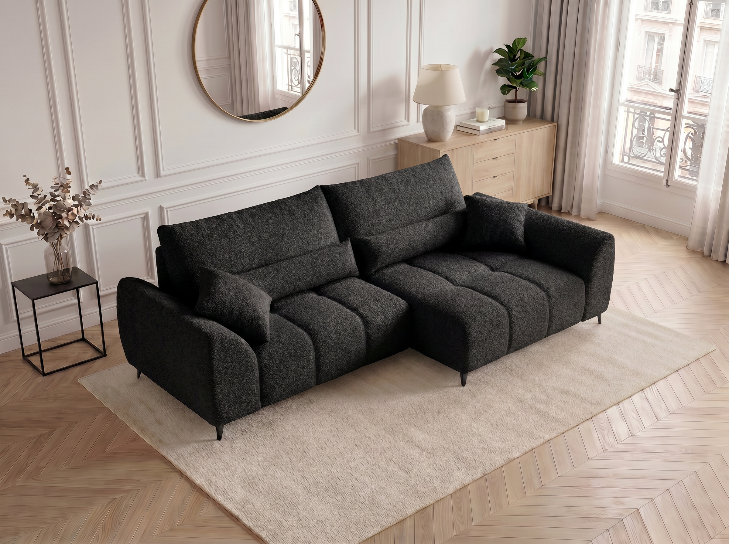 Canapé d'angle convertible BATIGNOLLES bouclé noir avec coffre de rangement - vue 5