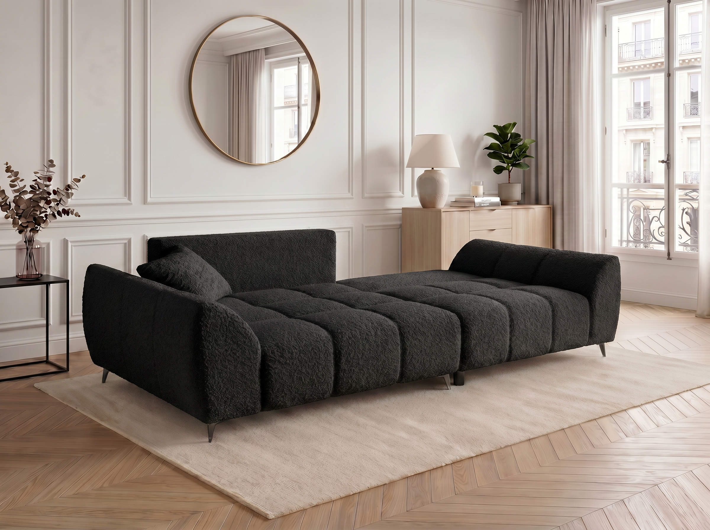 Canapé d'angle convertible BATIGNOLLES bouclé noir avec coffre de rangement - vue 7