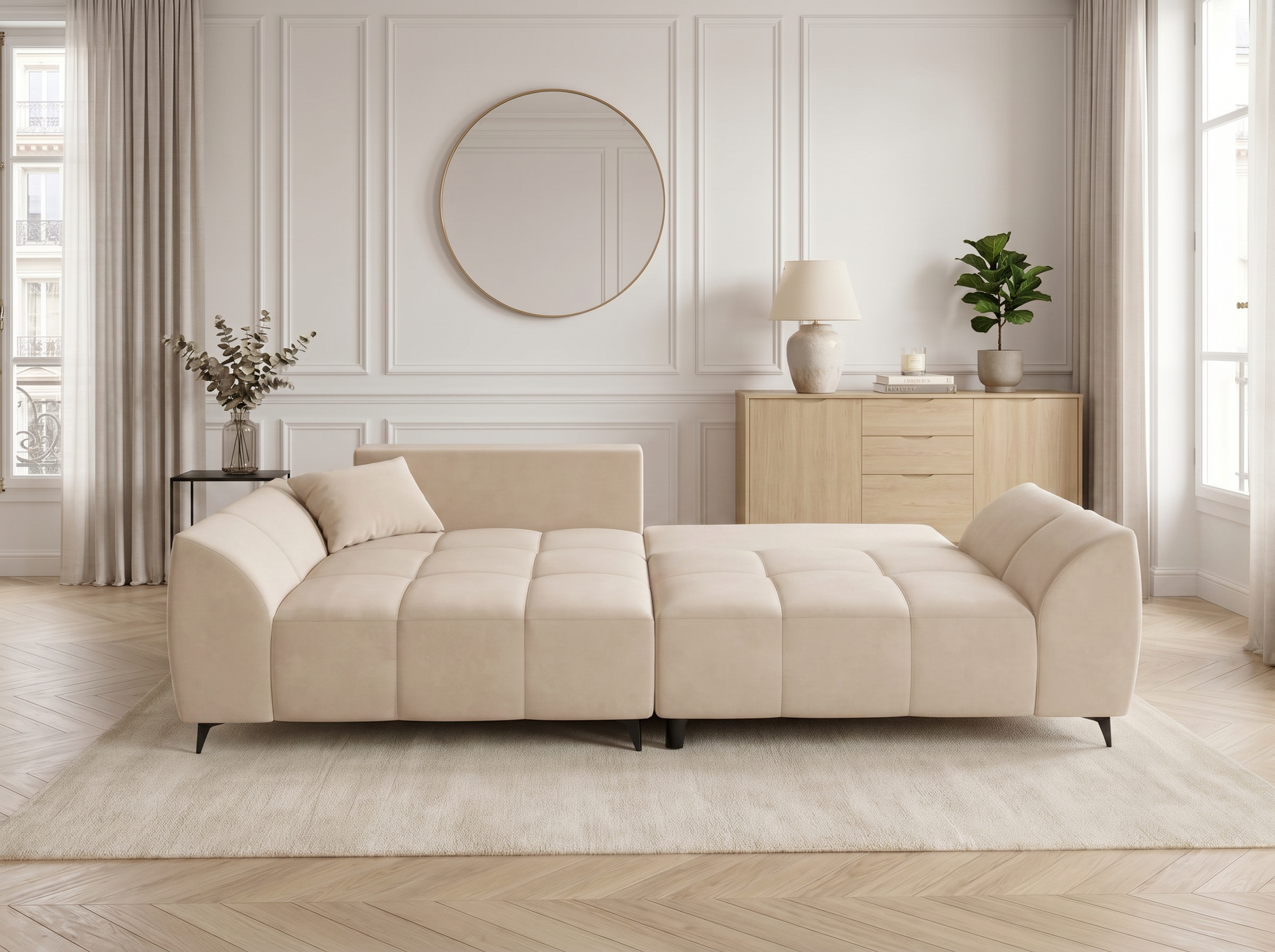 Canapé d'angle convertible BATIGNOLLES velours beige avec coffre de rangement - vue 1