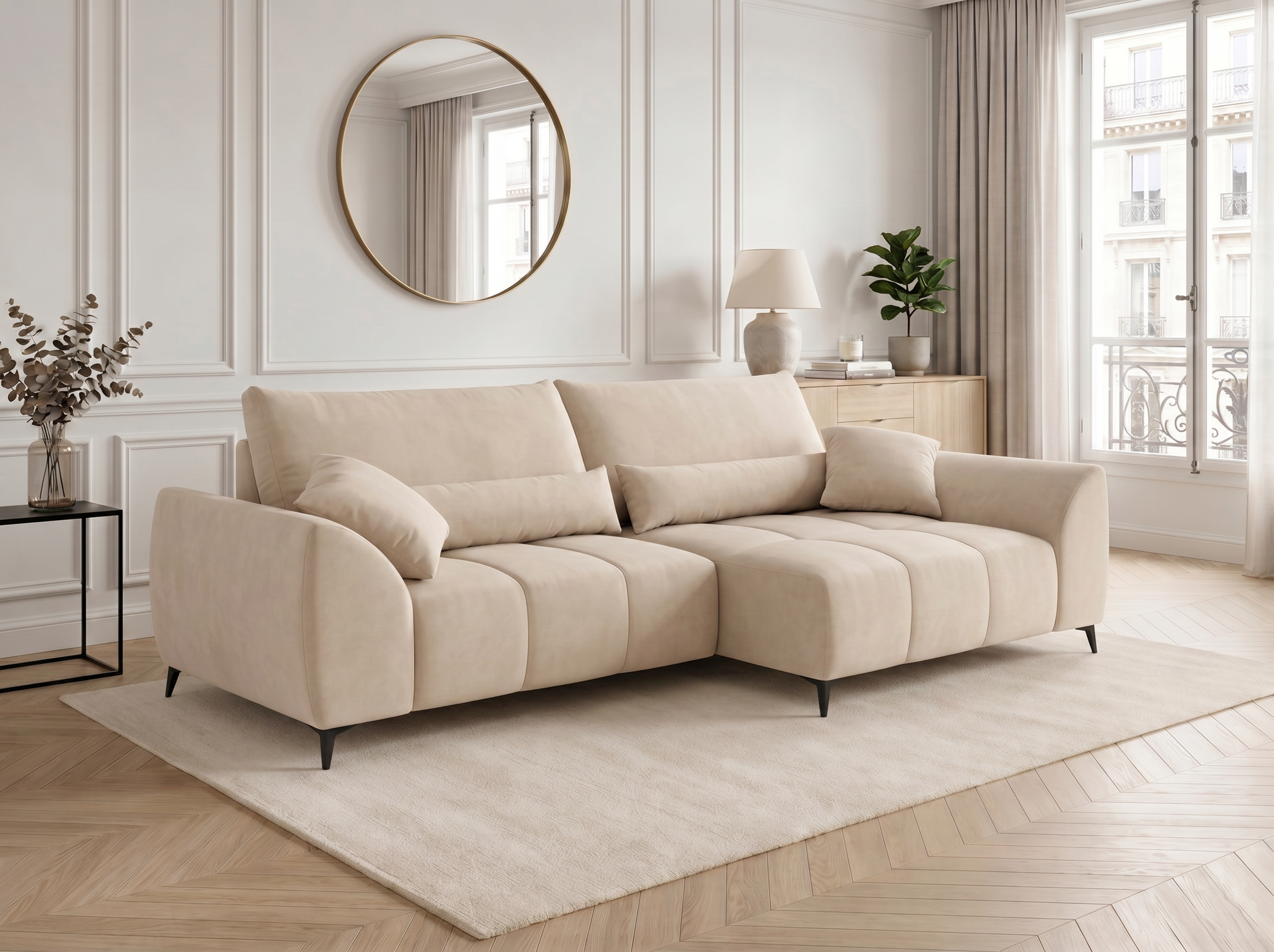 Canapé d'angle convertible BATIGNOLLES velours beige avec coffre de rangement - vue 4