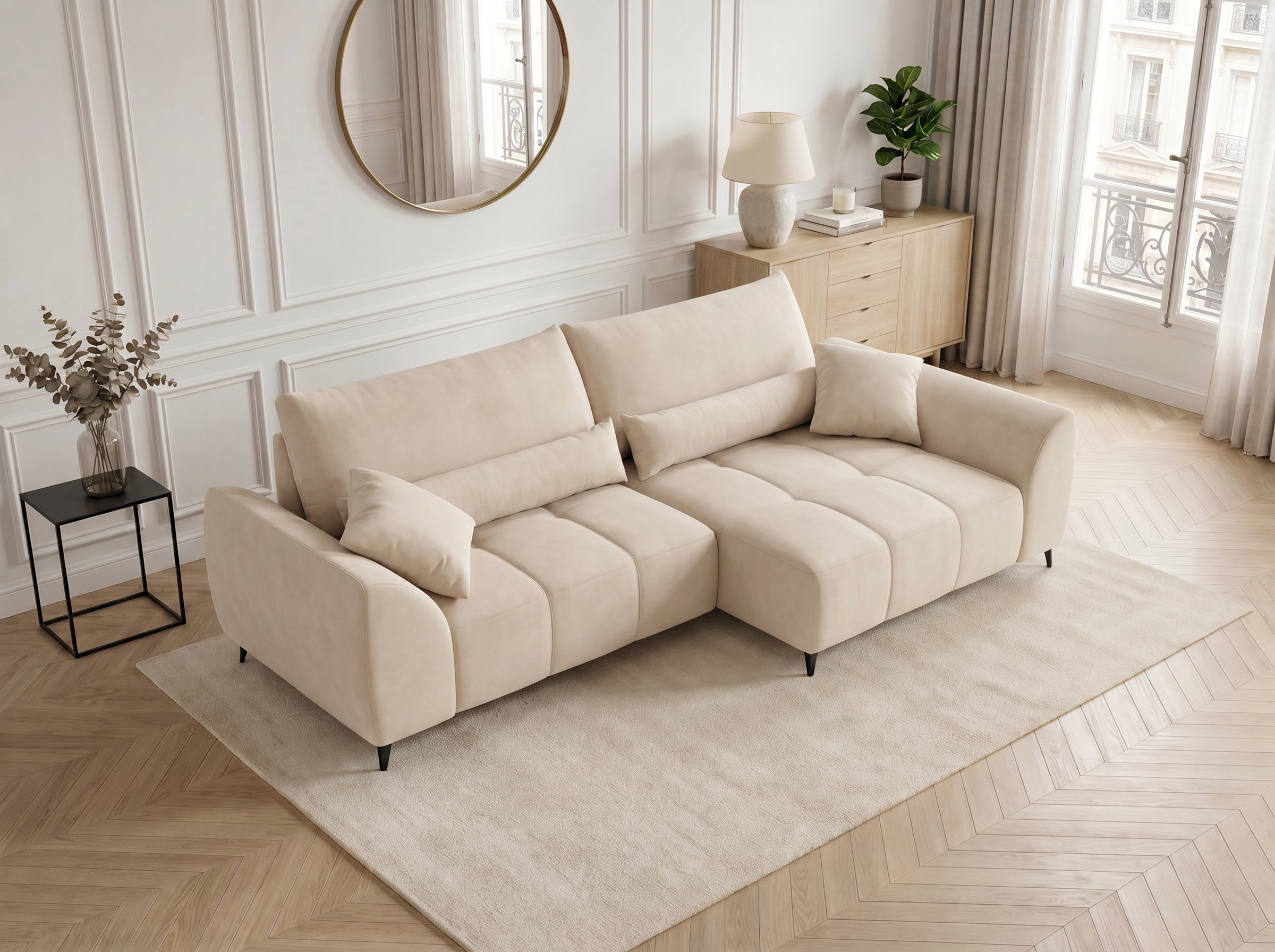Canapé d'angle convertible BATIGNOLLES velours beige avec coffre de rangement - vue 5