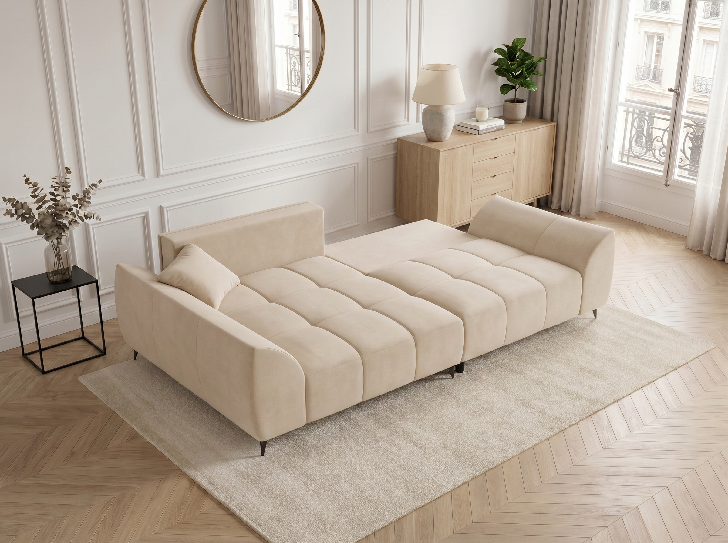 Canapé d'angle convertible BATIGNOLLES velours beige avec coffre de rangement - vue 6