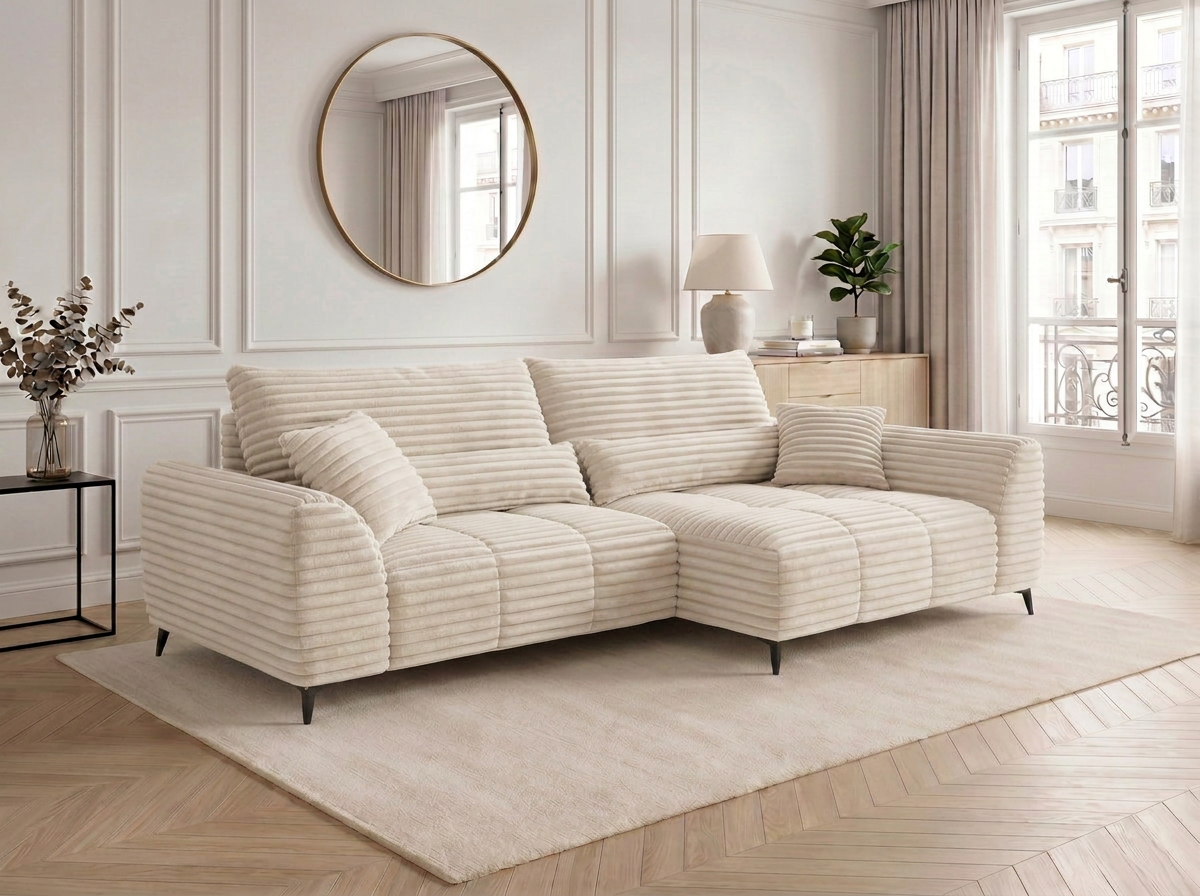 Canapé d'angle convertible BATIGNOLLES velours côtelé beige avec coffre de rangement - vue 6