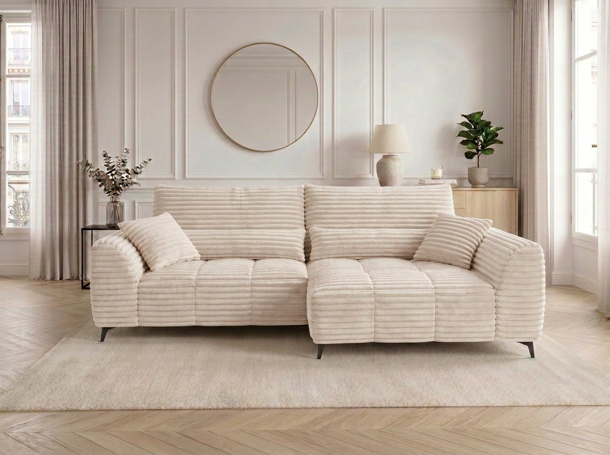 Canapé d'angle convertible BATIGNOLLES velours côtelé beige avec coffre de rangement - vue 8