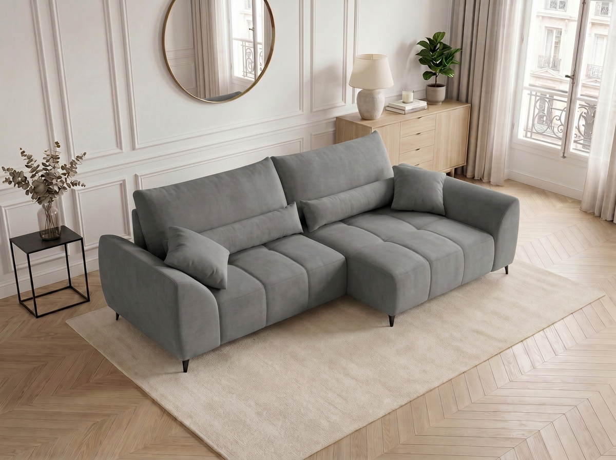 Canapé d'angle convertible BATIGNOLLES velours côtelé gris foncé avec coffre de rangement - vue 4