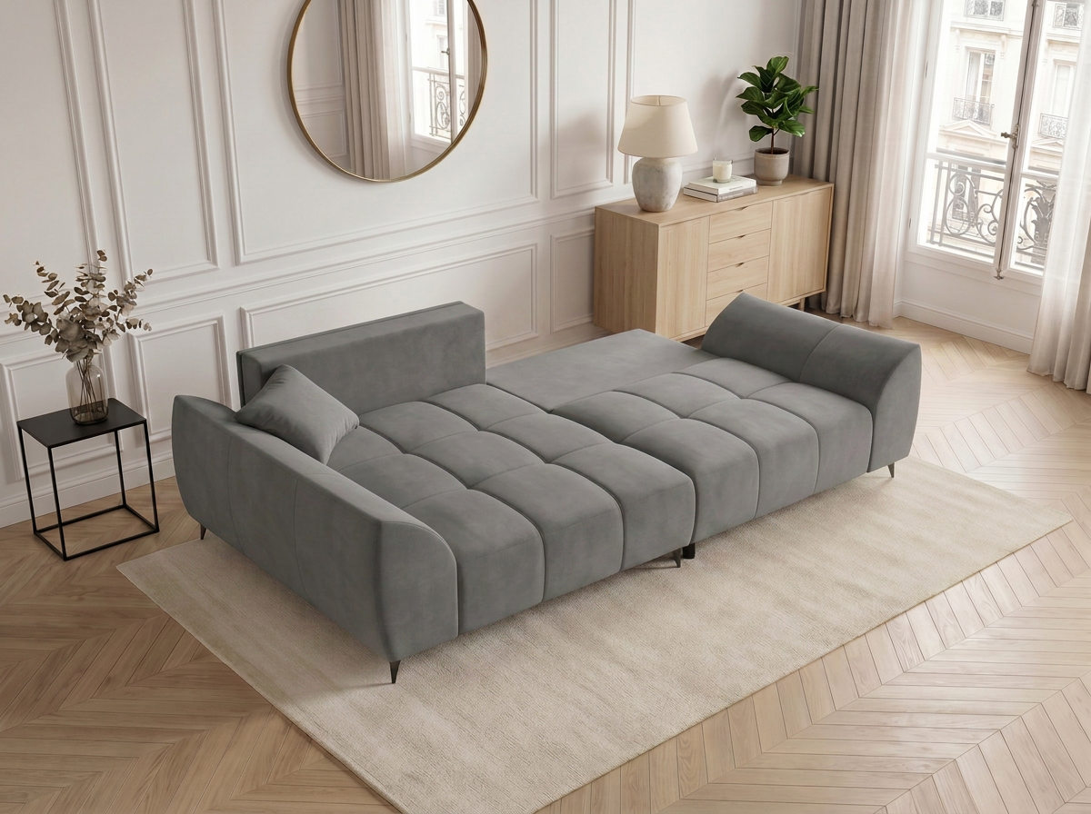Canapé d'angle convertible BATIGNOLLES velours côtelé gris foncé avec coffre de rangement - vue 5