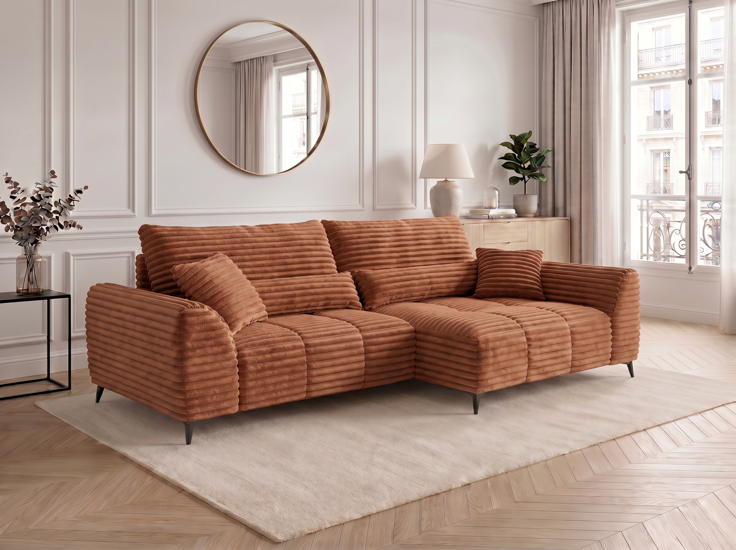 Canapé d'angle convertible BATIGNOLLES velours côtelé terracotta avec coffre de rangement - vue 1