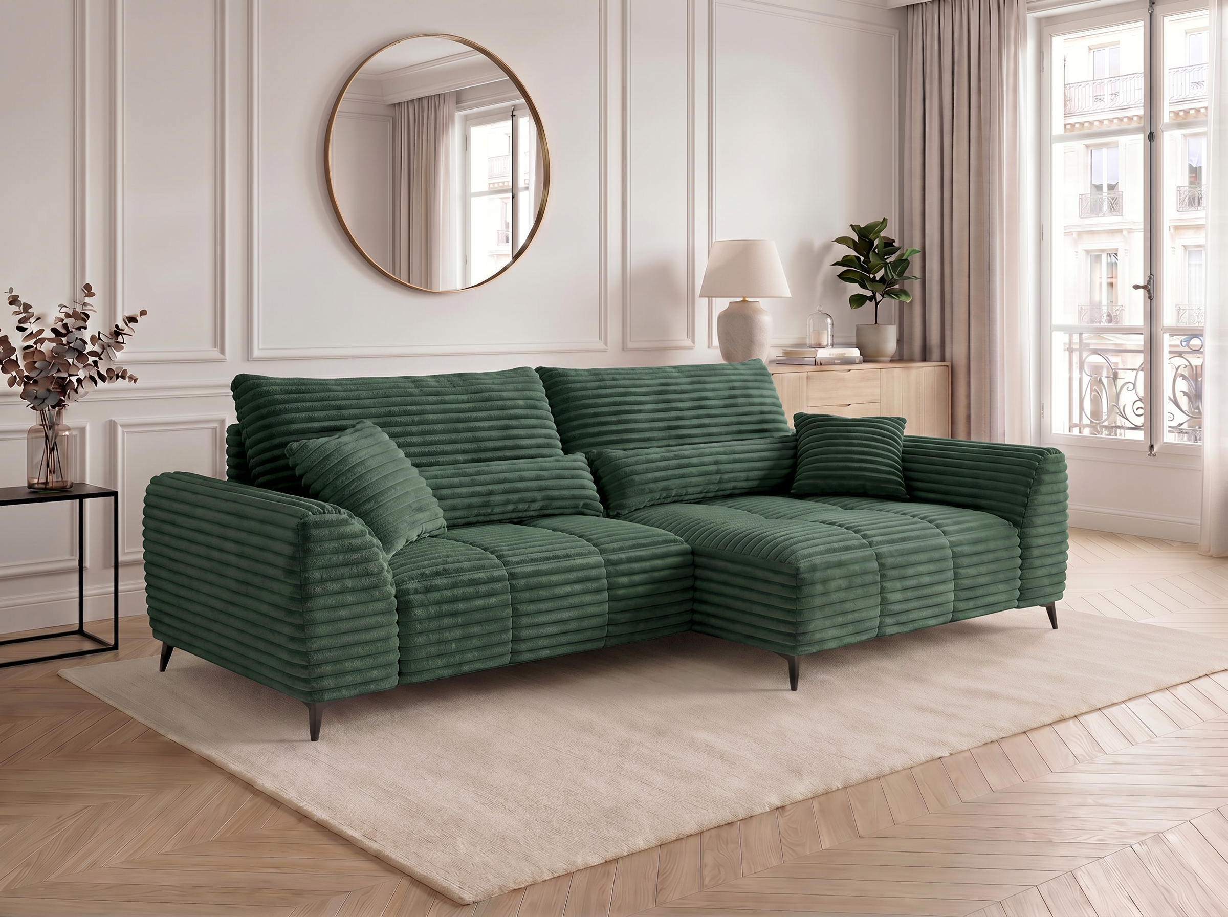 Canapé d'angle convertible BATIGNOLLES velours côtelé vert avec coffre de rangement - vue 2