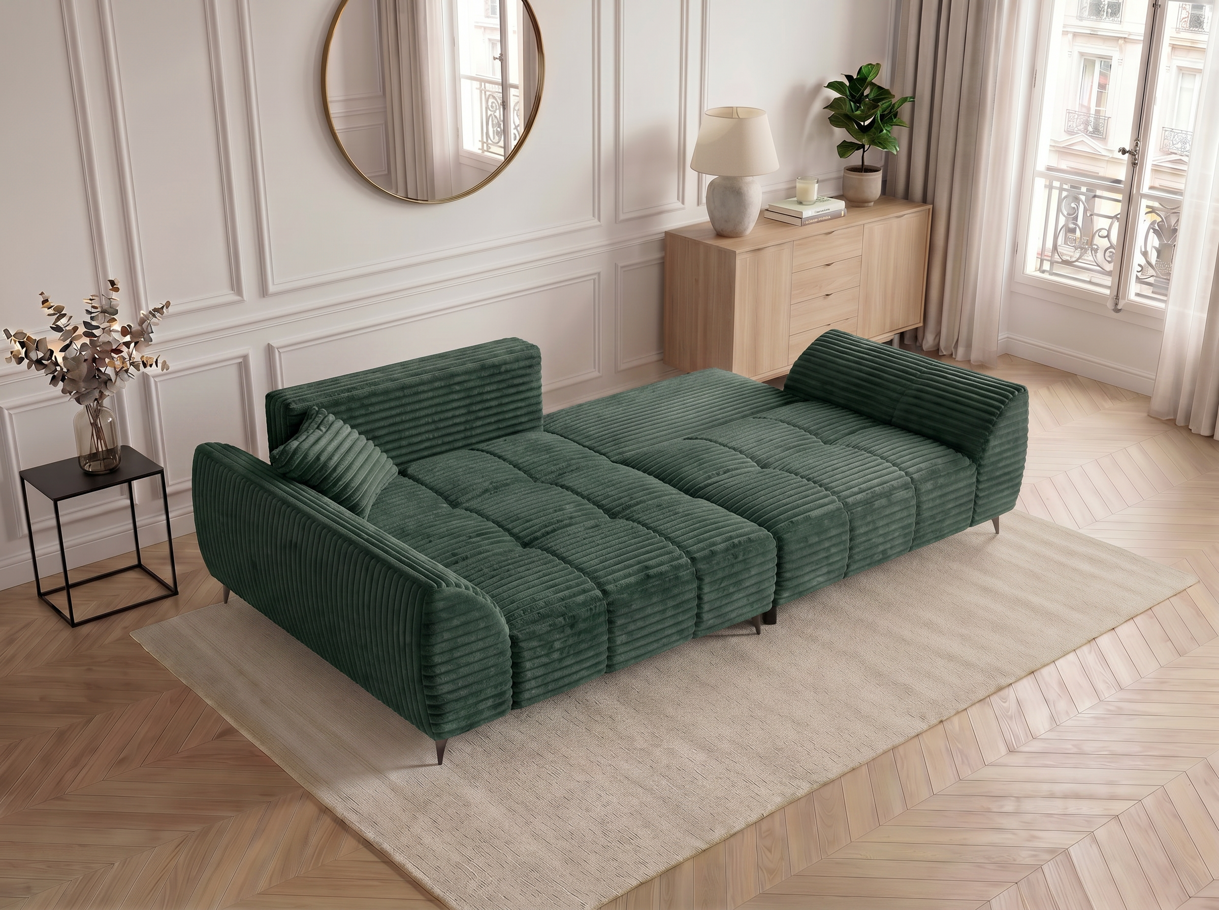 Canapé d'angle convertible BATIGNOLLES velours côtelé vert avec coffre de rangement - vue 3