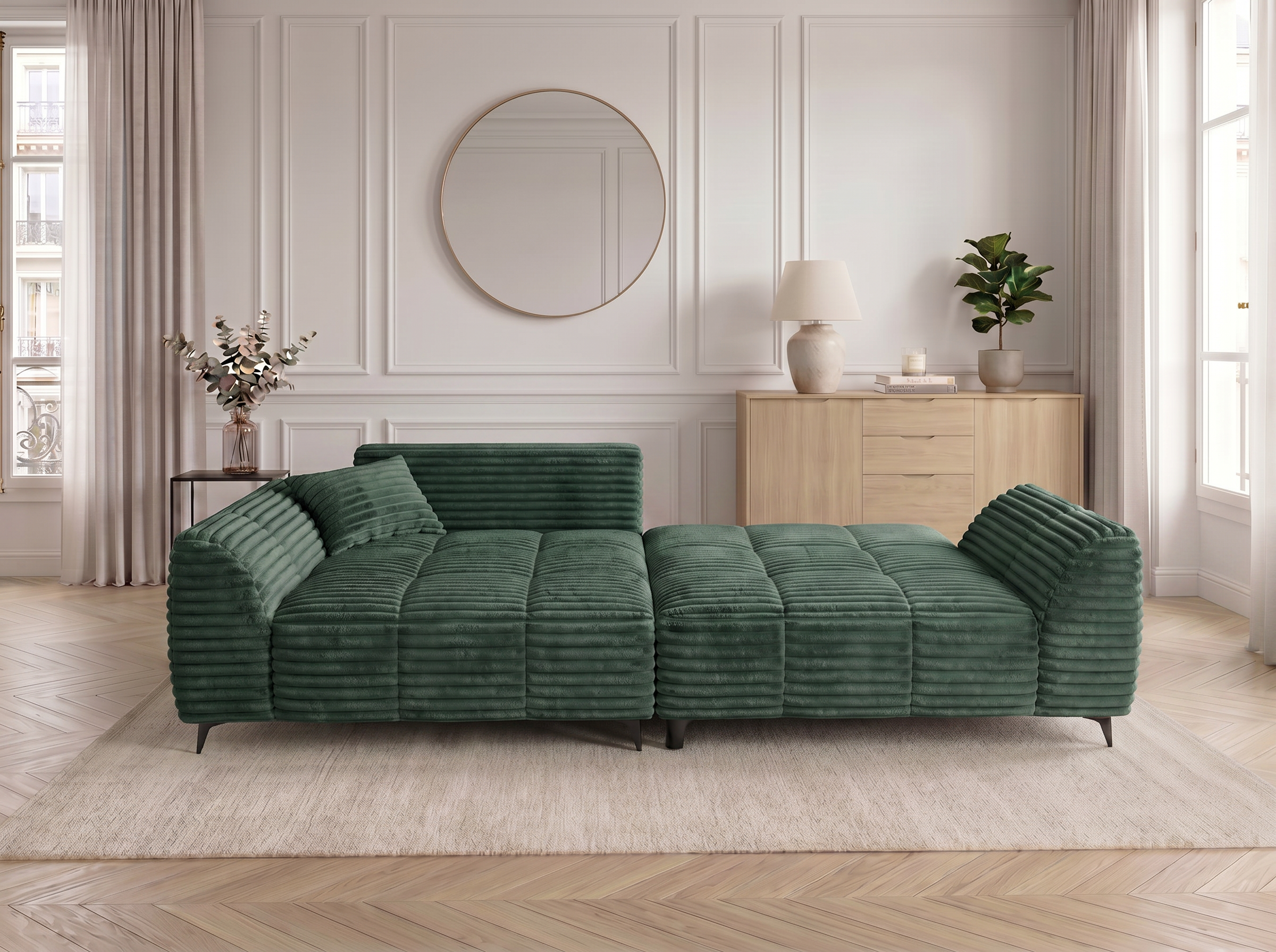 Canapé d'angle convertible BATIGNOLLES velours côtelé vert avec coffre de rangement - vue 8