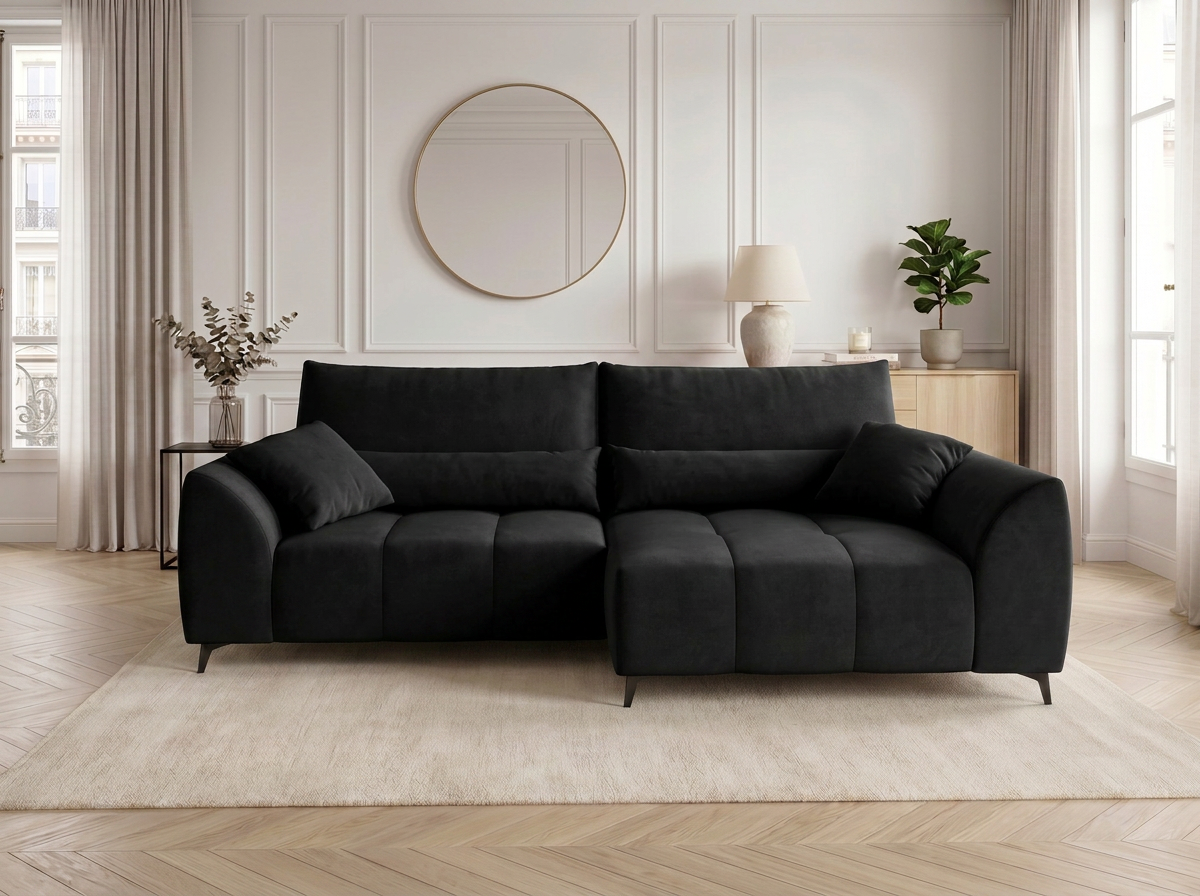 Canapé d'angle convertible BATIGNOLLES velours noir avec coffre de rangement - vue 10
