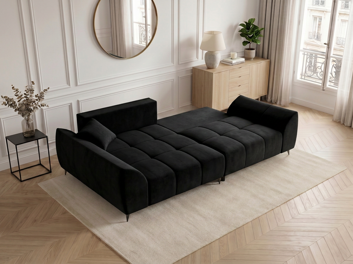 Canapé d'angle convertible BATIGNOLLES velours noir avec coffre de rangement - vue 4