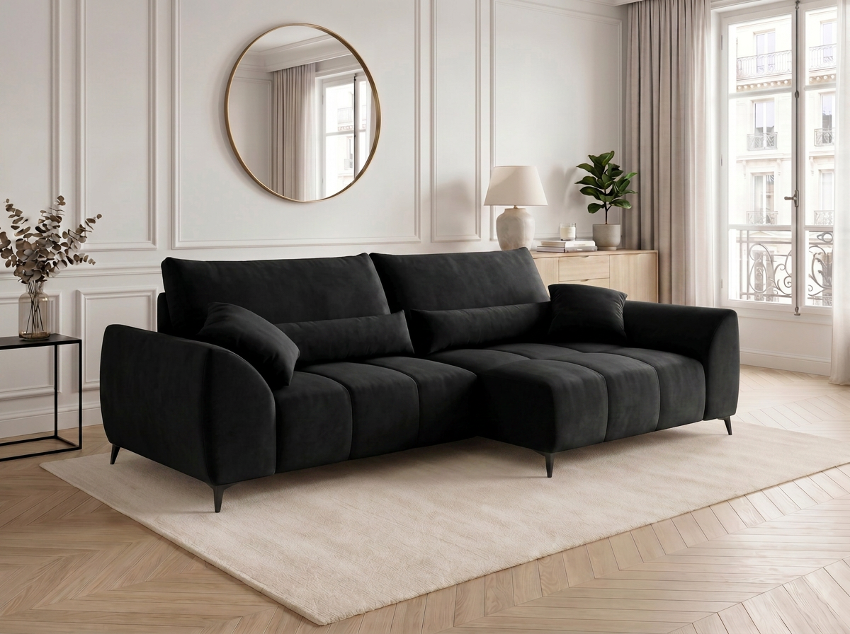Canapé d'angle convertible BATIGNOLLES velours noir avec coffre de rangement - vue 5