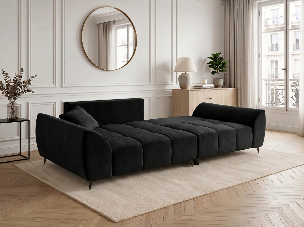 Canapé d'angle convertible BATIGNOLLES velours noir avec coffre de rangement - vue 8