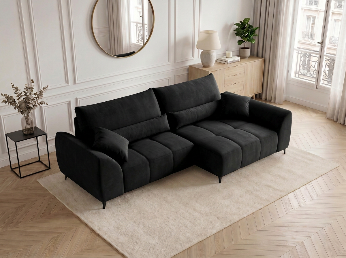 Canapé d'angle convertible BATIGNOLLES velours noir avec coffre de rangement - vue 9
