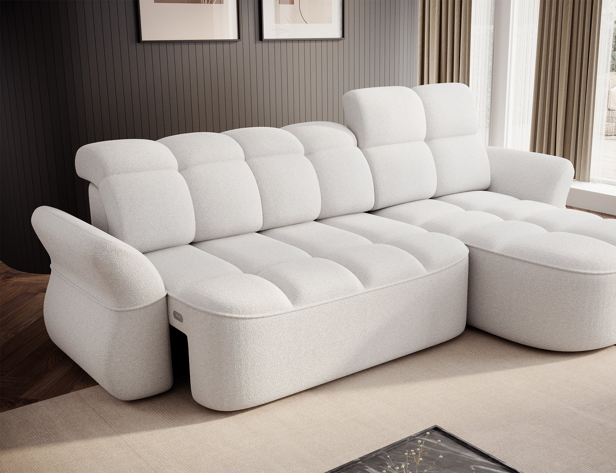 Canapé d'angle convertible électrique design DROUOT avec coffre de rangement - Boucle blanc cassé - vue 11