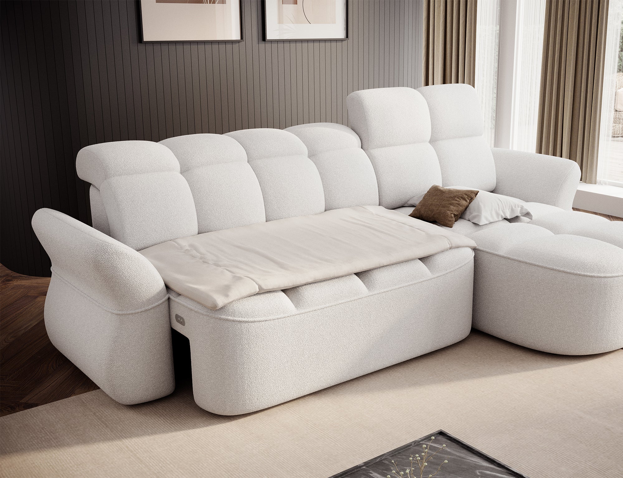 Canapé d'angle convertible électrique design DROUOT avec coffre de rangement - Boucle blanc cassé - vue 2