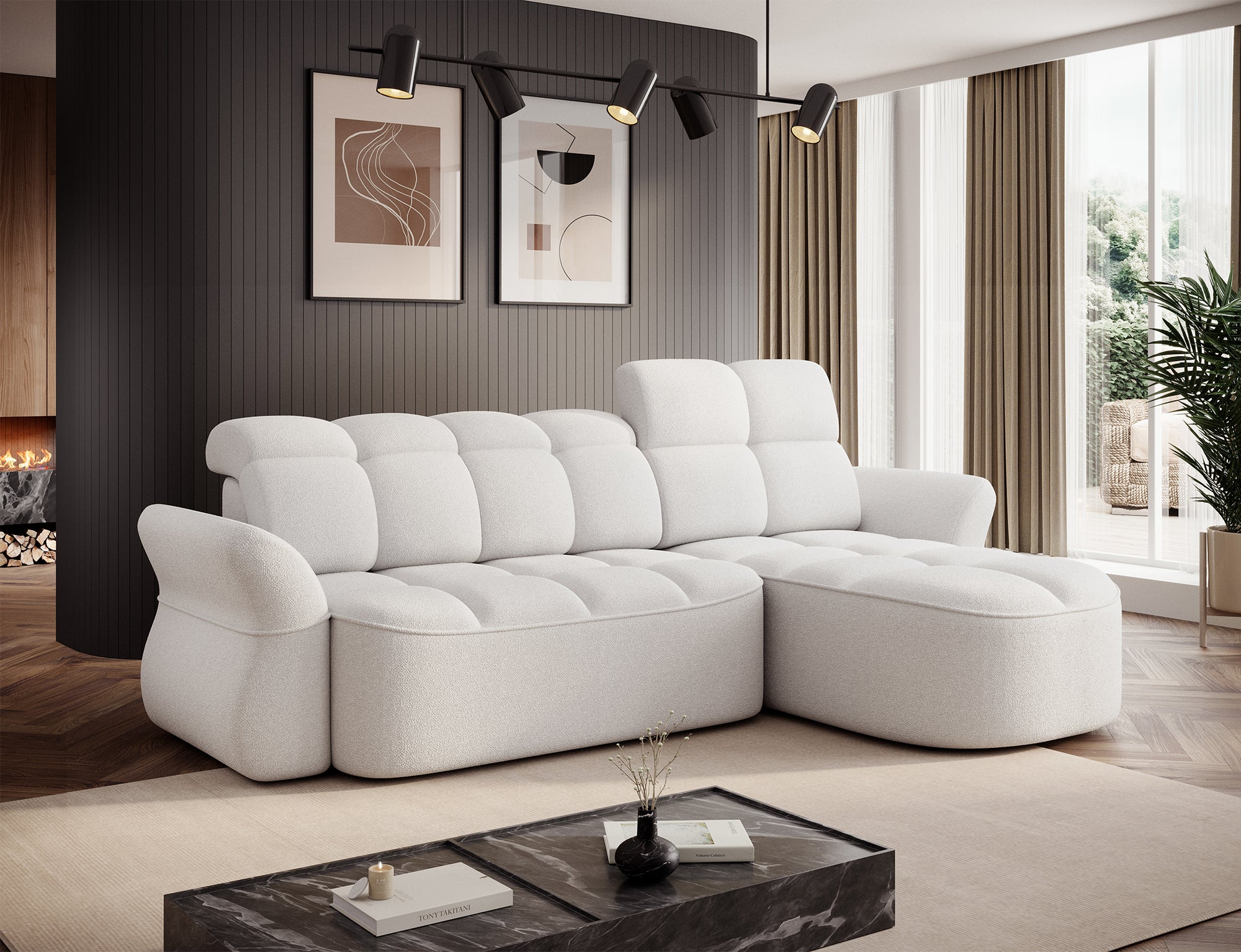 Canapé d'angle convertible électrique design DROUOT avec coffre de rangement - Boucle blanc cassé - vue 3
