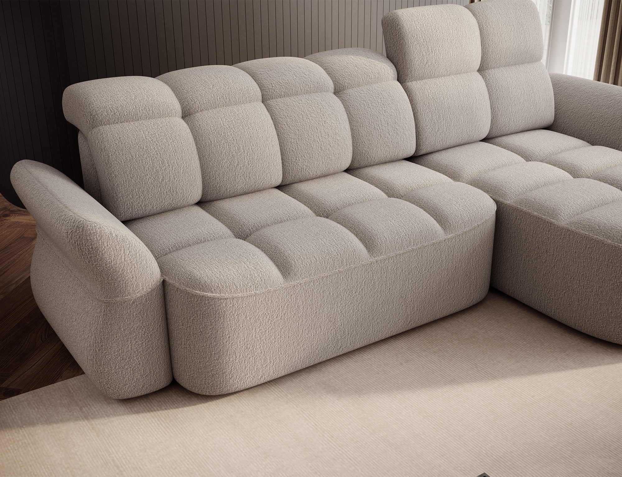 Canapé d'angle convertible design DROUOT avec coffre de rangement - Bouclette chinée beige - vue 12