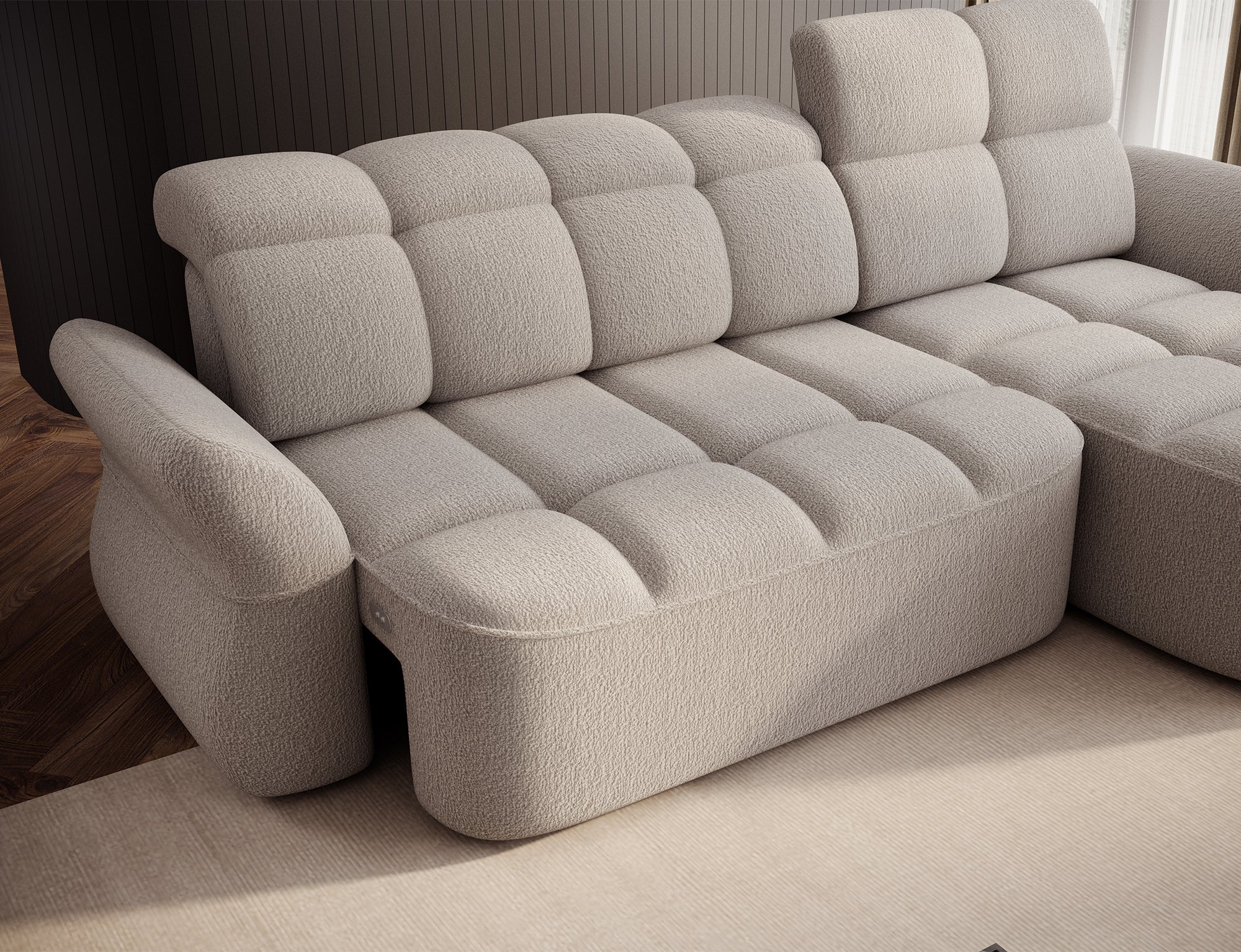 Canapé d'angle convertible design DROUOT avec coffre de rangement - Bouclette chinée beige - vue 13