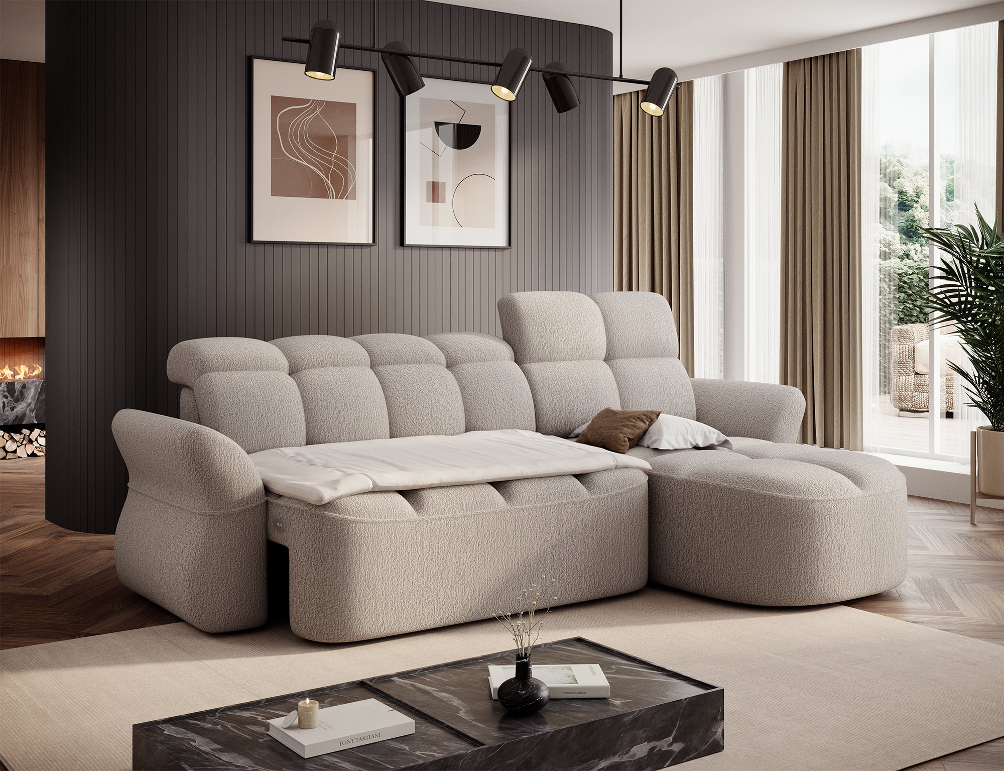 Canapé d'angle convertible design DROUOT avec coffre de rangement - Bouclette chinée beige - vue 7