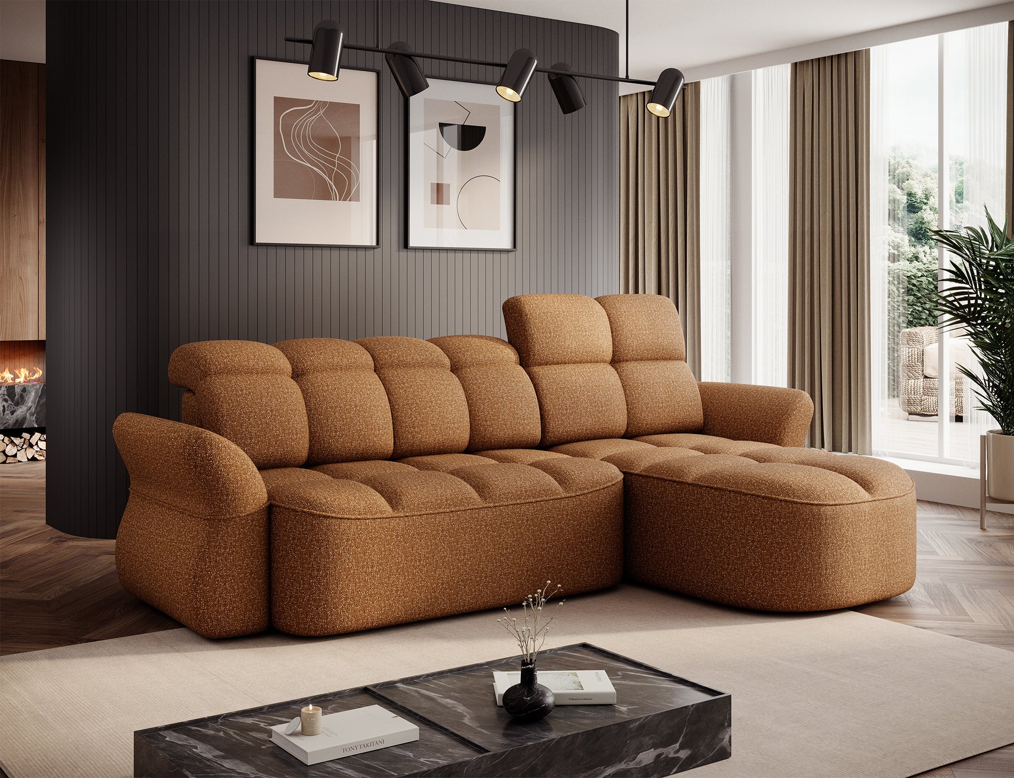 Canapé d'angle convertible design DROUOT avec coffre de rangement - Tissu chiné cognac - vue 3