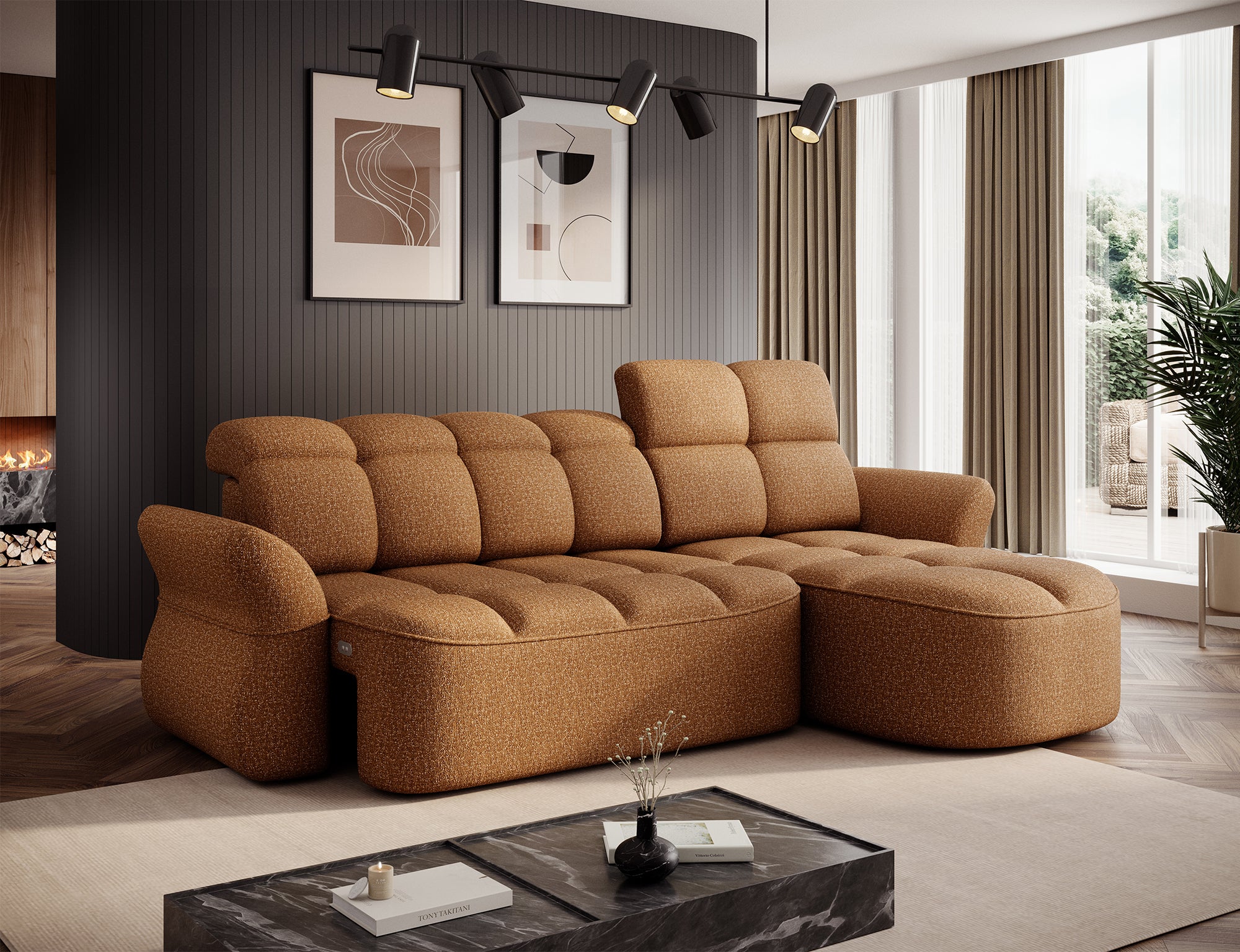 Canapé d'angle convertible design DROUOT avec coffre de rangement - Tissu chiné cognac - vue 6
