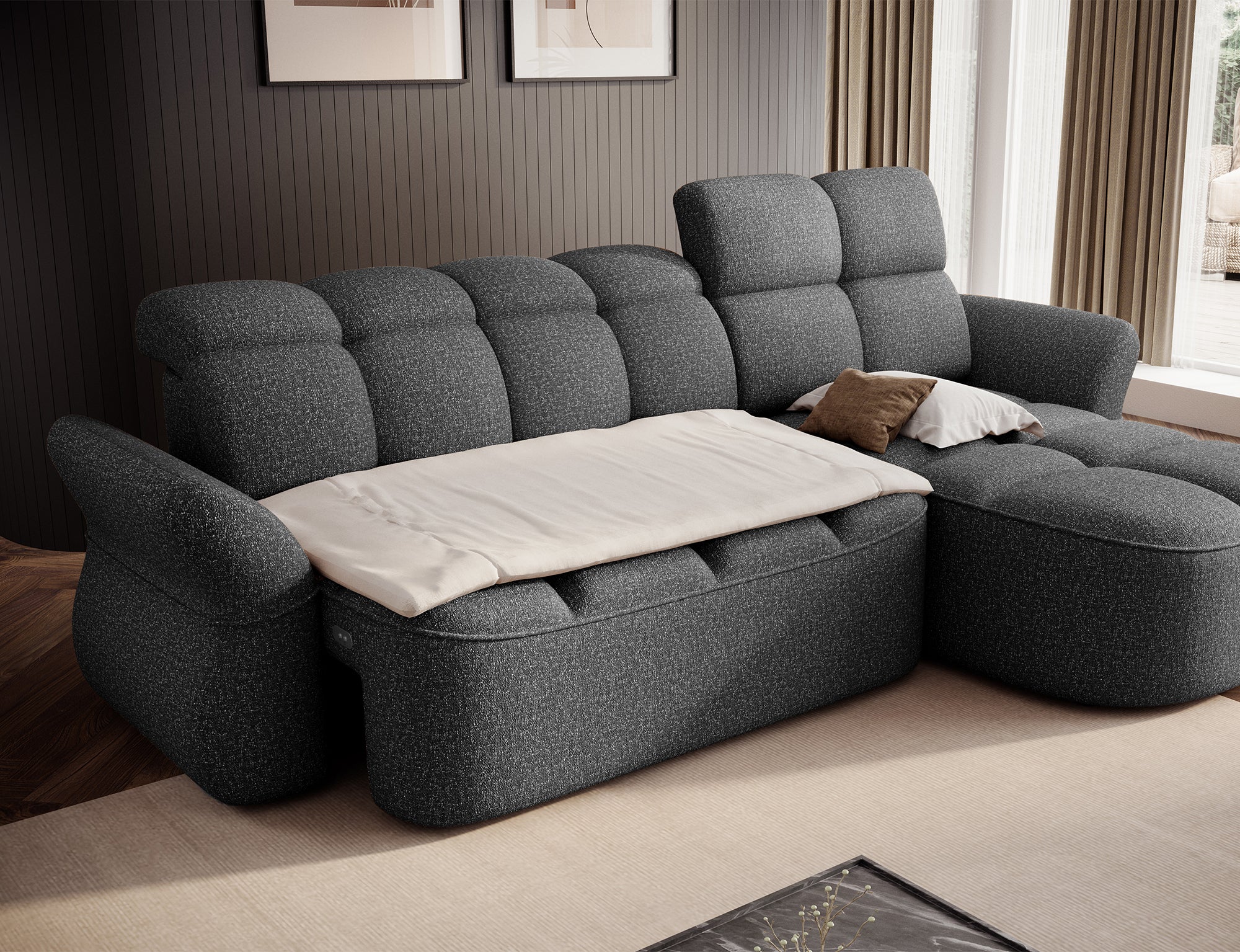 Canapé d'angle convertible design DROUOT avec coffre de rangement - Tissu chiné gris foncé - vue 2