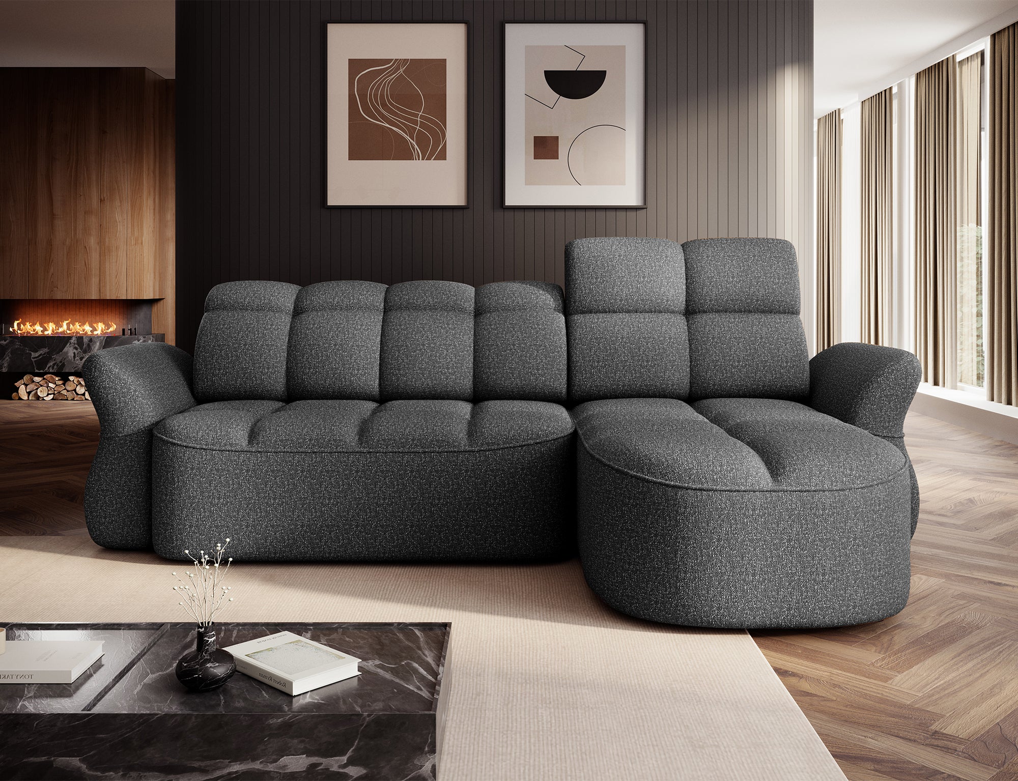 Canapé d'angle convertible design DROUOT avec coffre de rangement - Tissu chiné gris foncé - vue 4