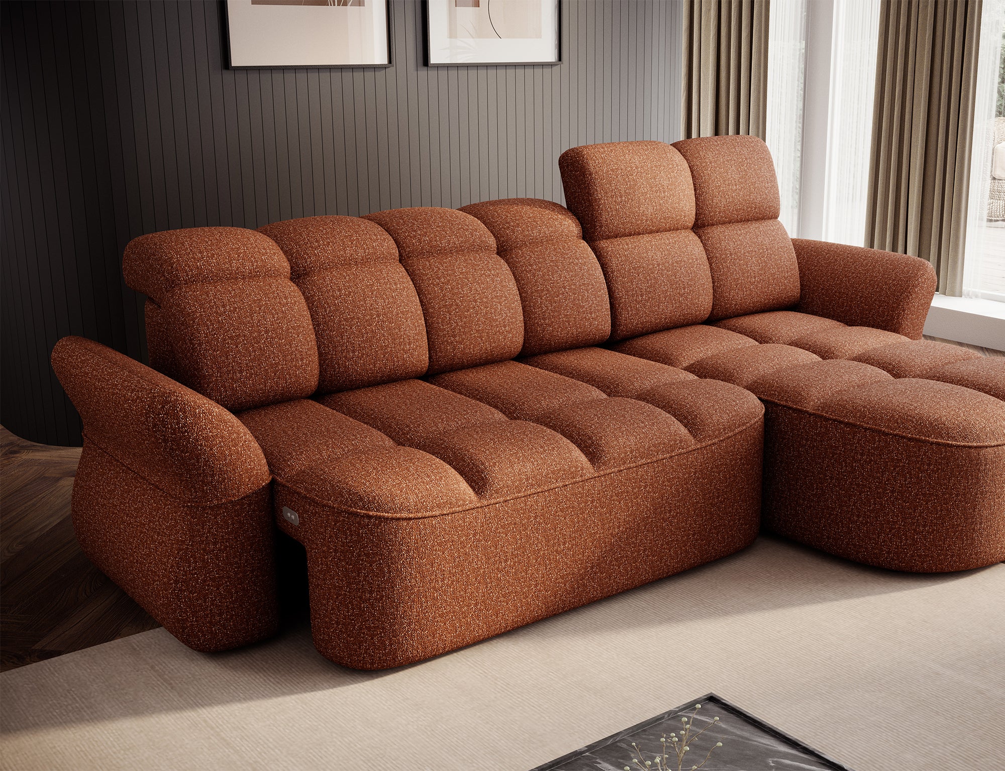 Canapé d'angle convertible design DROUOT avec coffre de rangement - Tissu chiné terracotta - vue 11