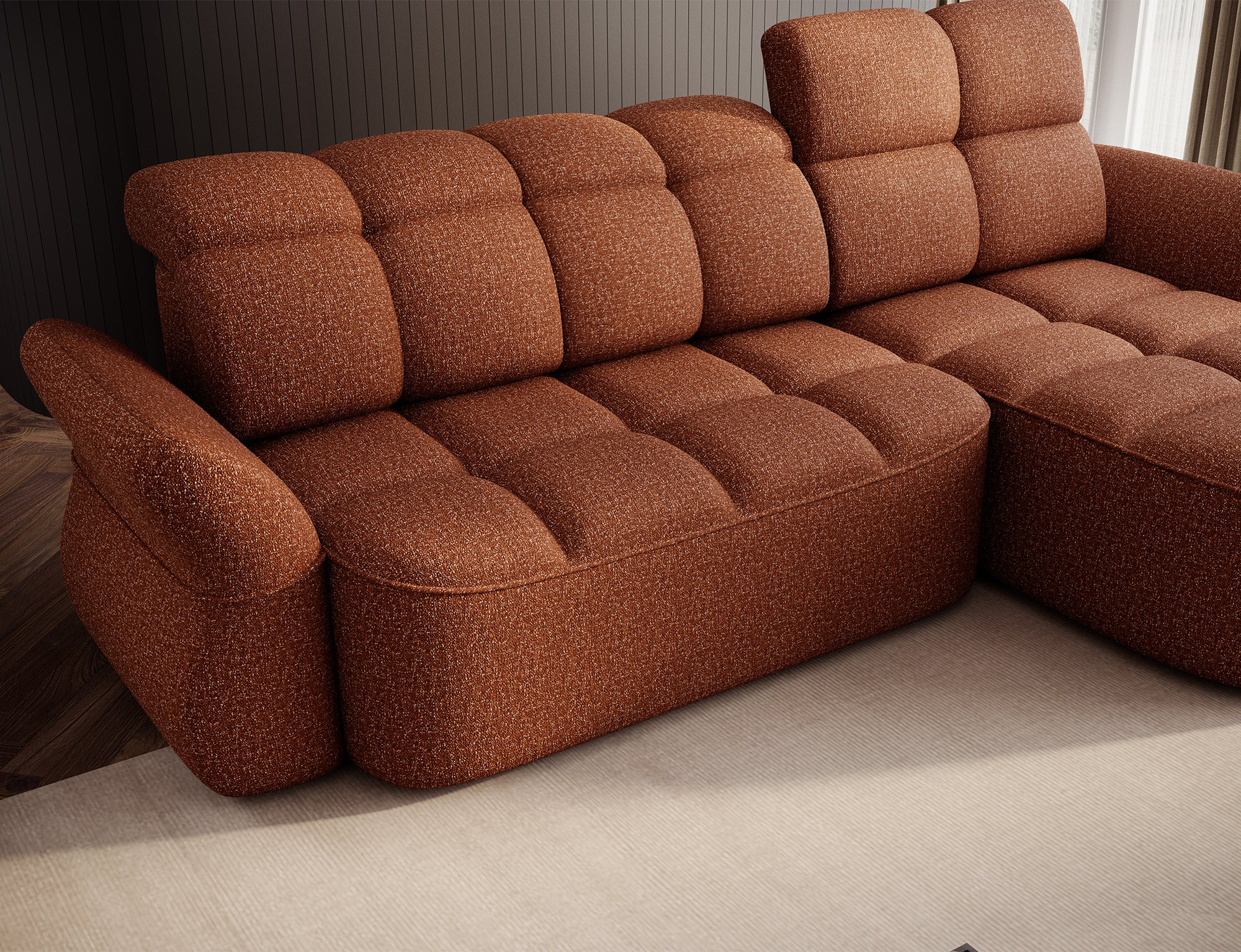 Canapé d'angle convertible design DROUOT avec coffre de rangement - Tissu chiné terracotta - vue 12