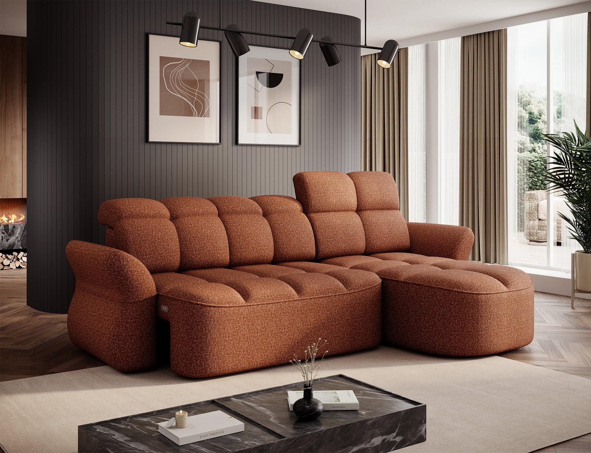 Canapé d'angle convertible design DROUOT avec coffre de rangement - Tissu chiné terracotta - vue 6