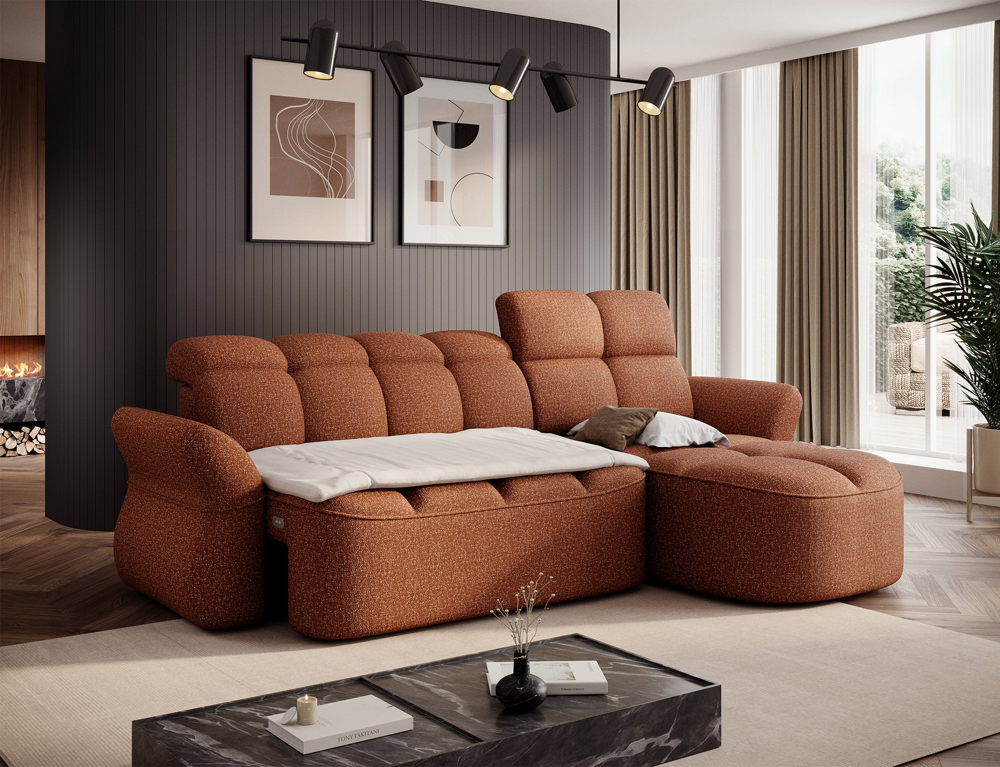 Canapé d'angle convertible design DROUOT avec coffre de rangement - Tissu chiné terracotta - vue 7