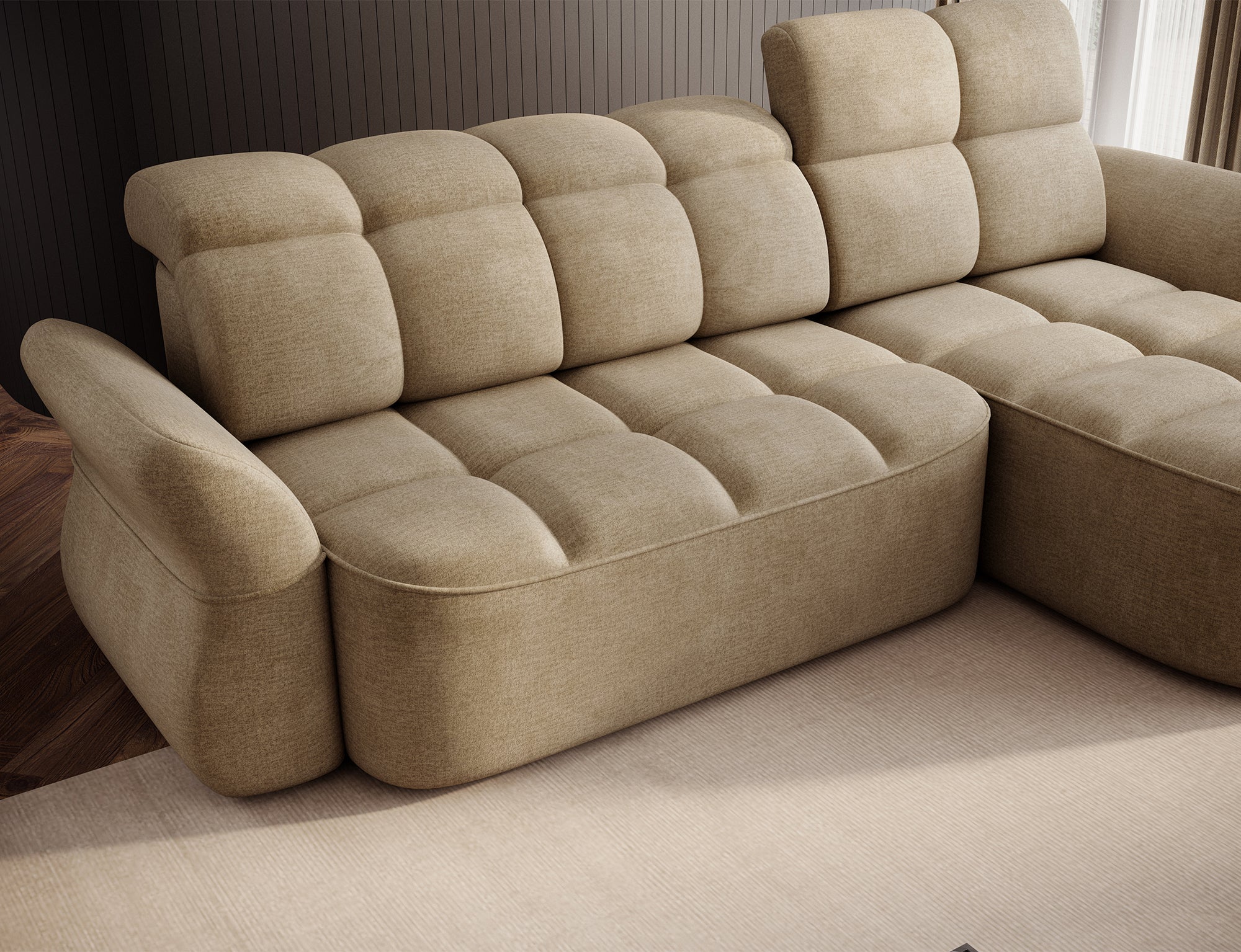 Canapé d'angle convertible design DROUOT avec coffre de rangement - Velours beige - vue 12