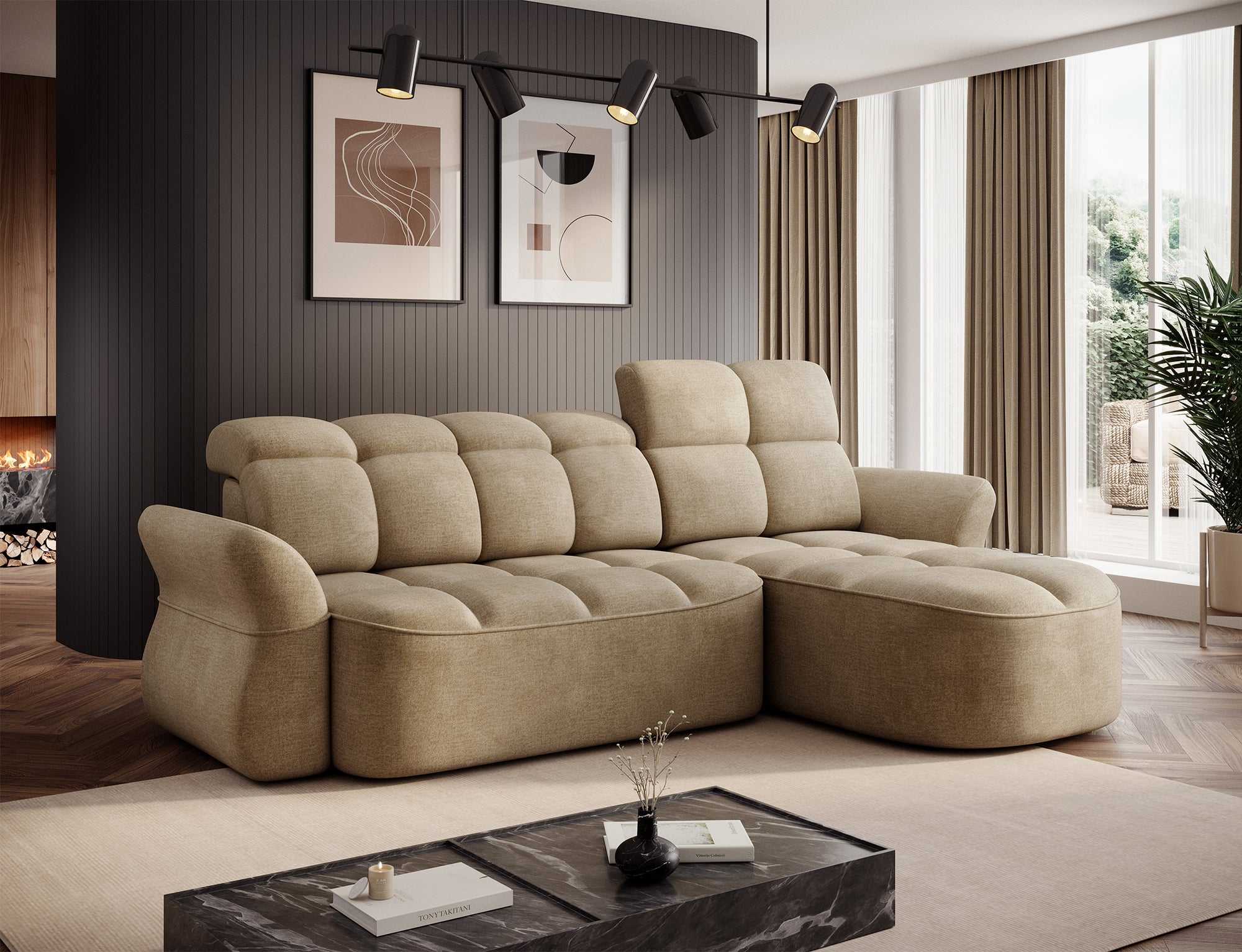 Canapé d'angle convertible design DROUOT avec coffre de rangement - Velours beige - vue 3