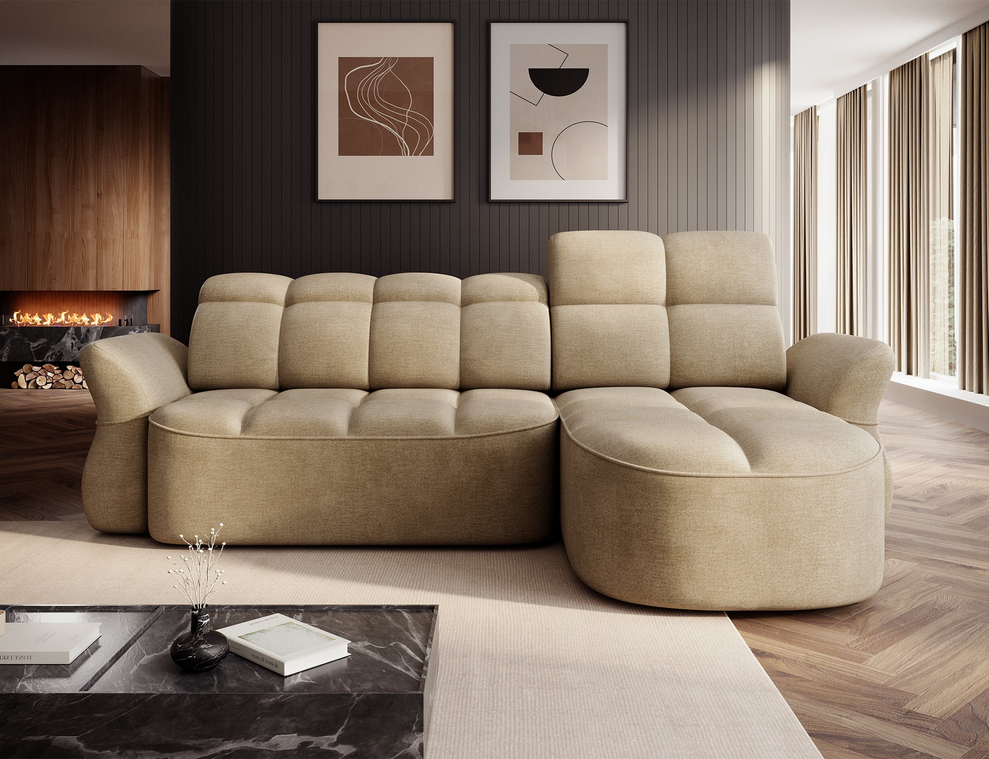 Canapé d'angle convertible design DROUOT avec coffre de rangement - Velours beige - vue 4
