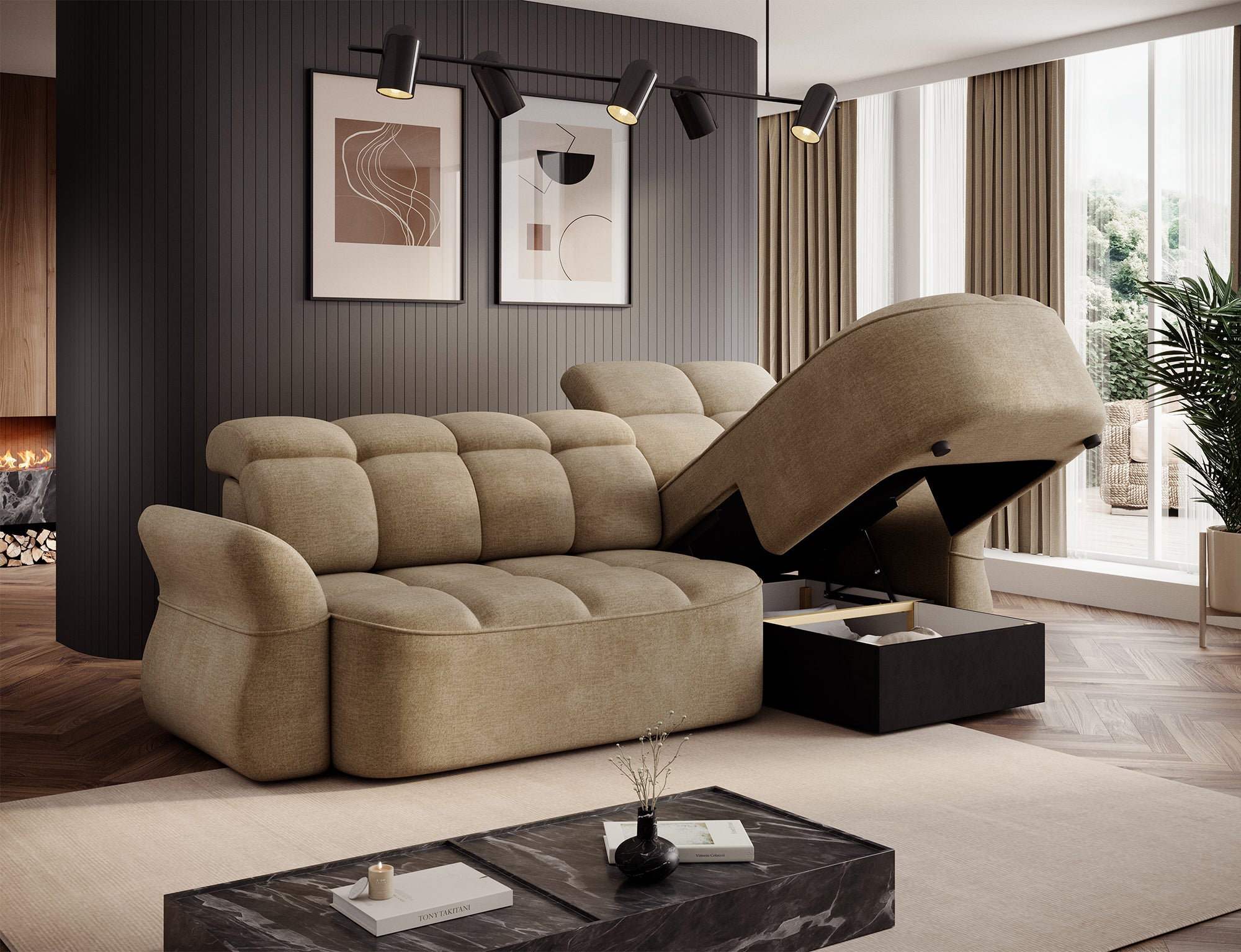 Canapé d'angle convertible design DROUOT avec coffre de rangement - Velours beige - vue 9