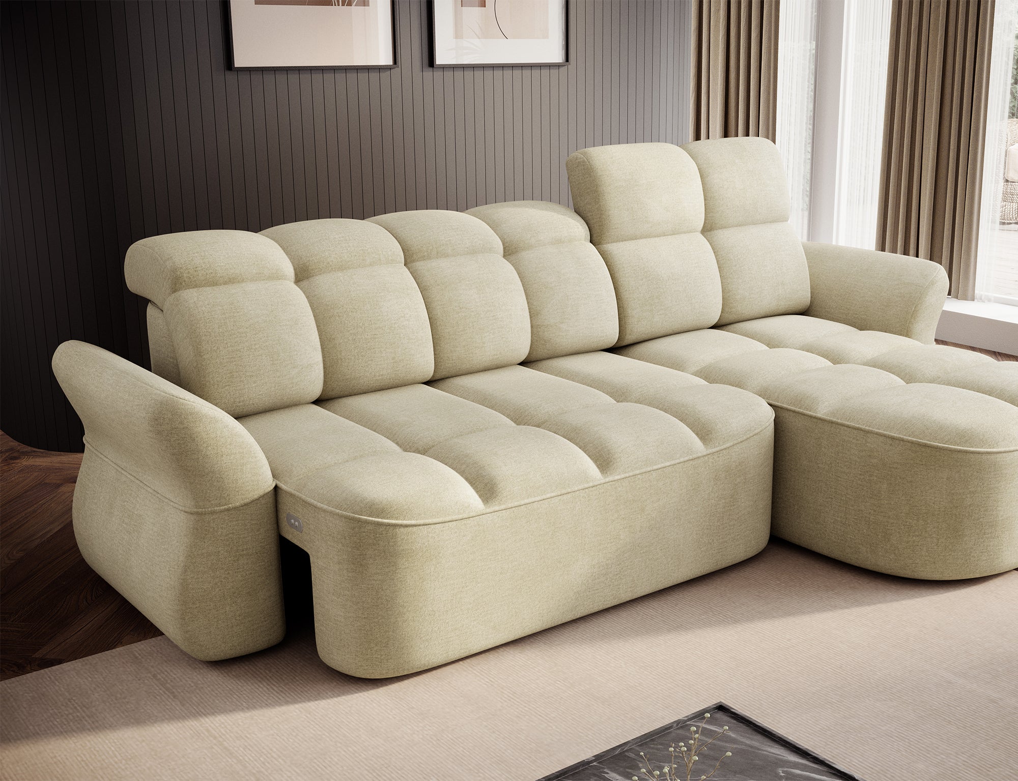 Canapé d'angle convertible design DROUOT avec coffre de rangement - Velours crème - vue 11