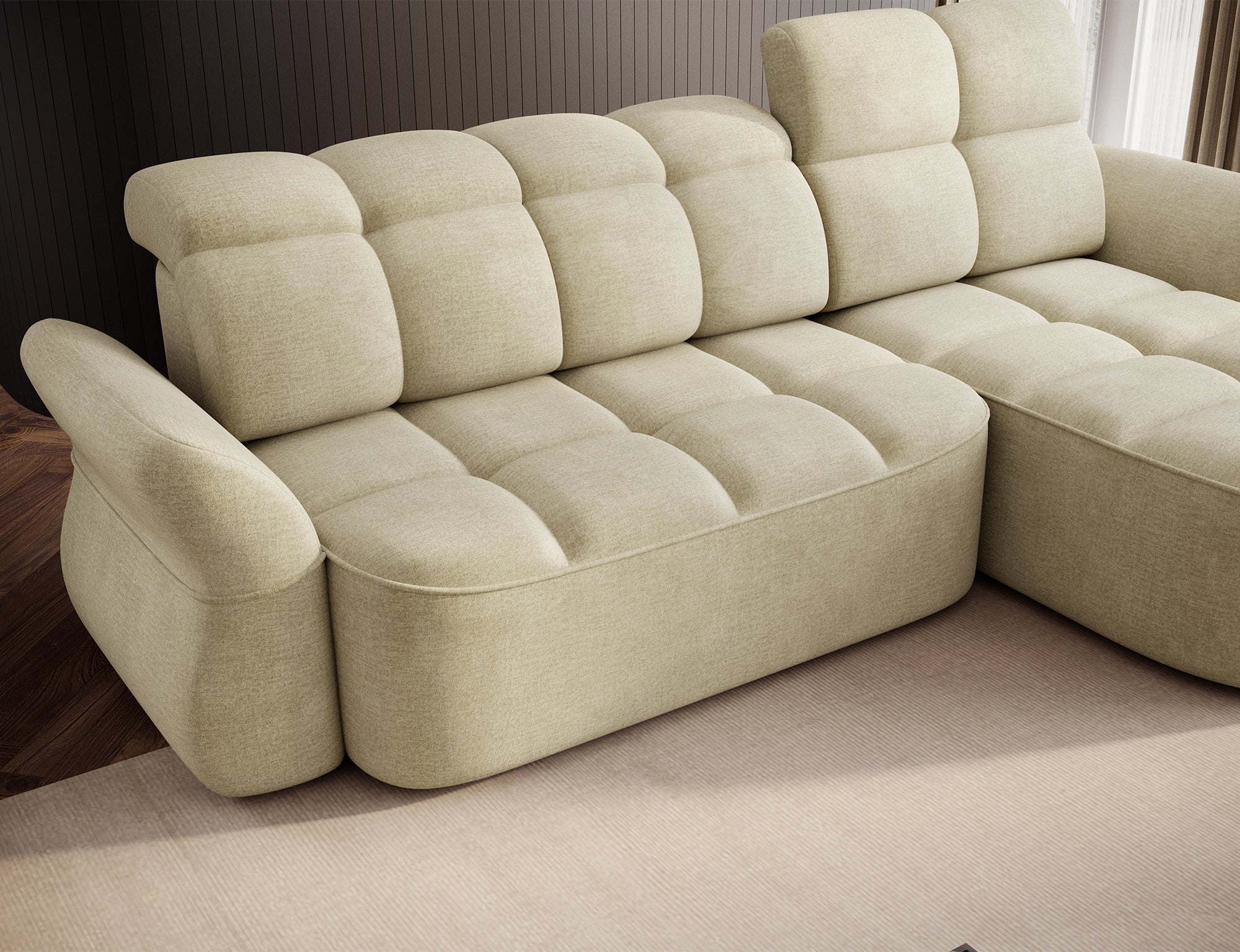 Canapé d'angle convertible design DROUOT avec coffre de rangement - Velours crème - vue 12