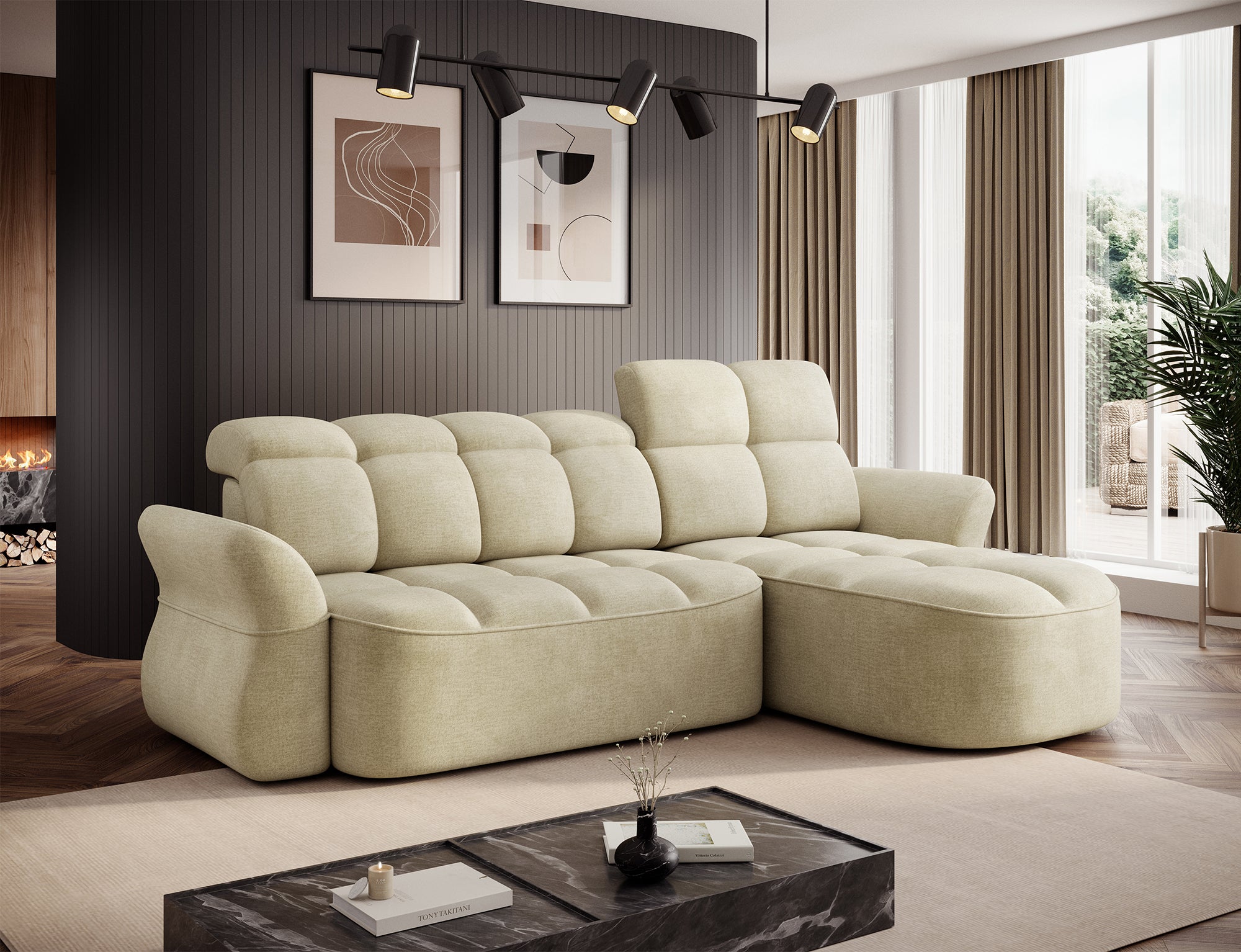 Canapé d'angle convertible design DROUOT avec coffre de rangement - Velours crème - vue 3