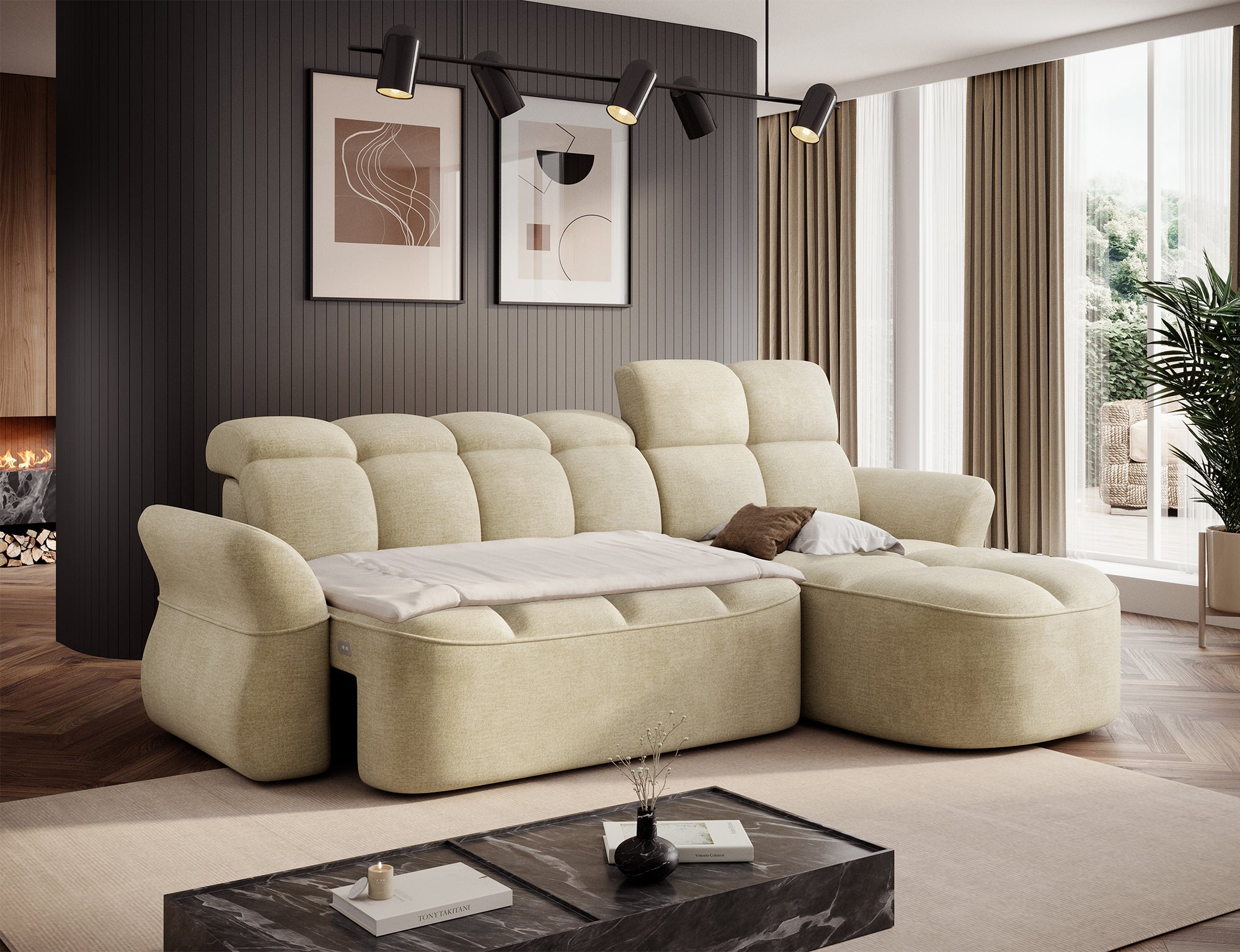 Canapé d'angle convertible design DROUOT avec coffre de rangement - Velours crème - vue 7