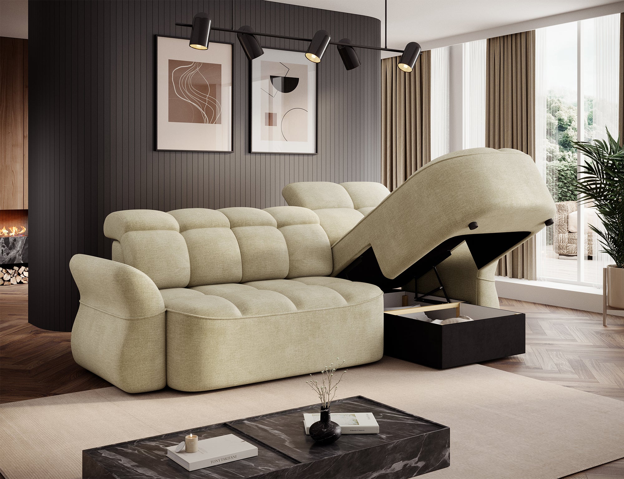 Canapé d'angle convertible design DROUOT avec coffre de rangement - Velours crème - vue 9