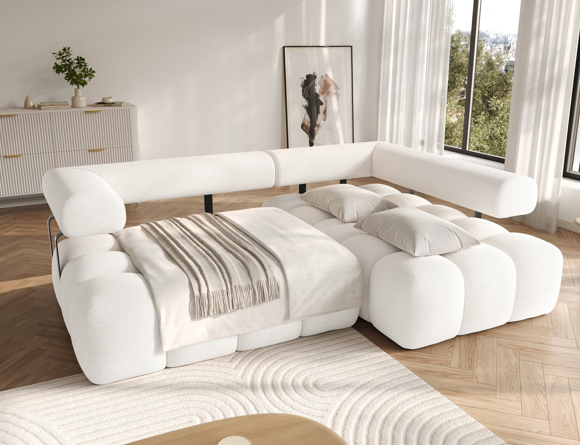 Canapé d'angle convertible design DUROC avec extension électrique - Boucle blanc crème - vue 2